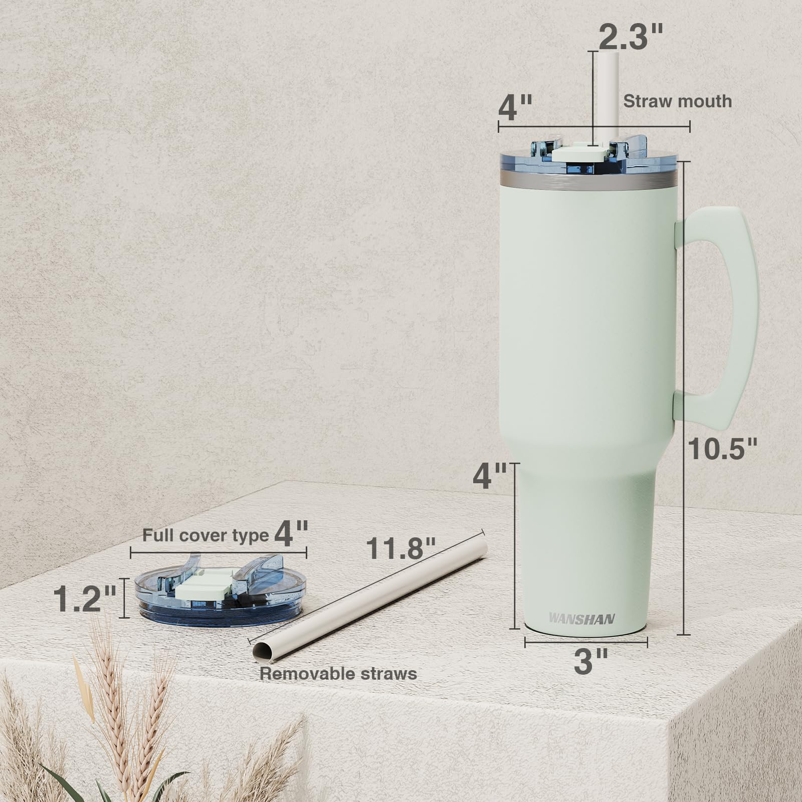 WANSHAN 40 oz Tumbler with Handle and Straw Lid - Steel water bottle Travel Mug Iced Coffee Cup, Insulated Reusable Stainless