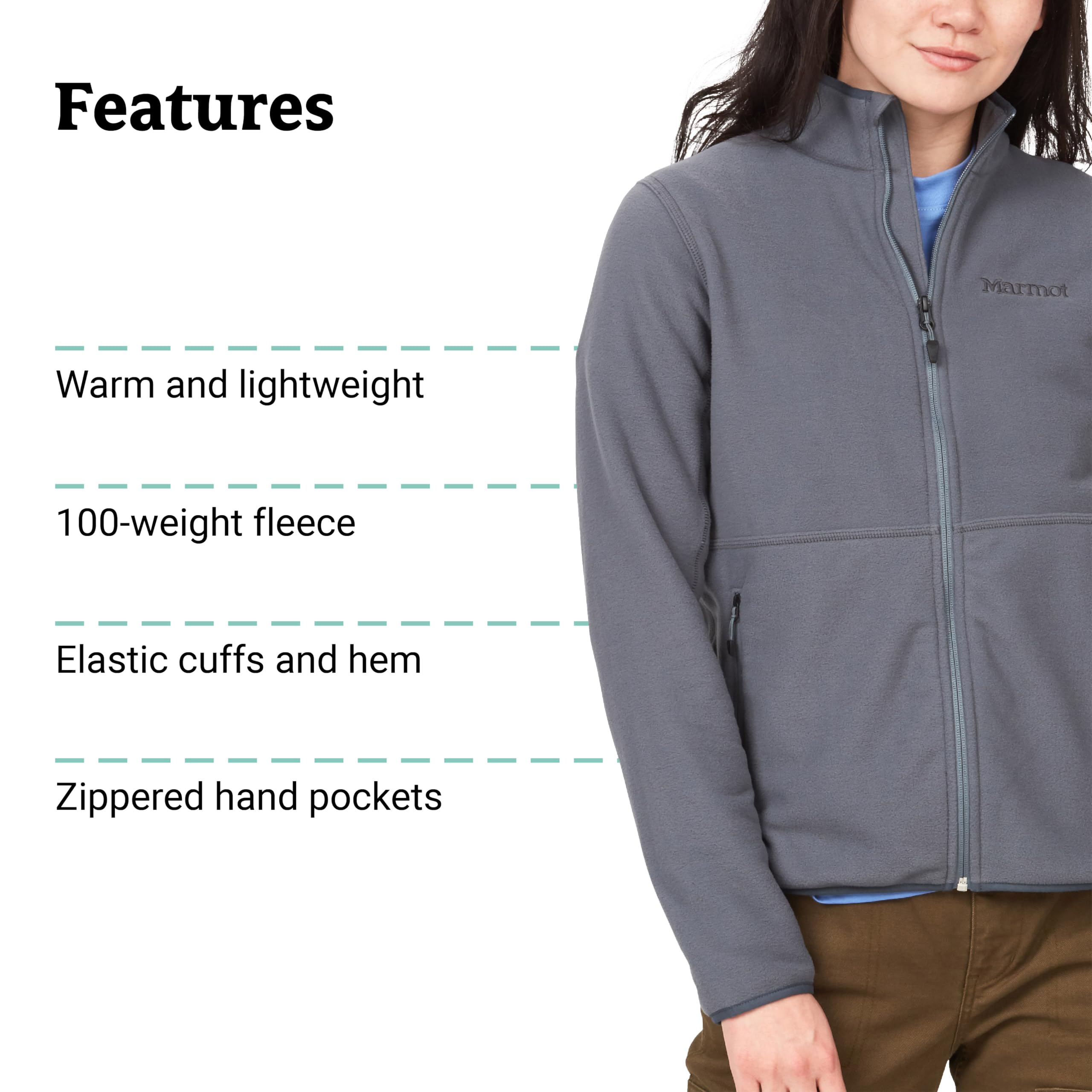 MARMOT Women's Rocklin Full-Zip Jacket, Warm Lightweight Fleece, Steel Onyx, Large