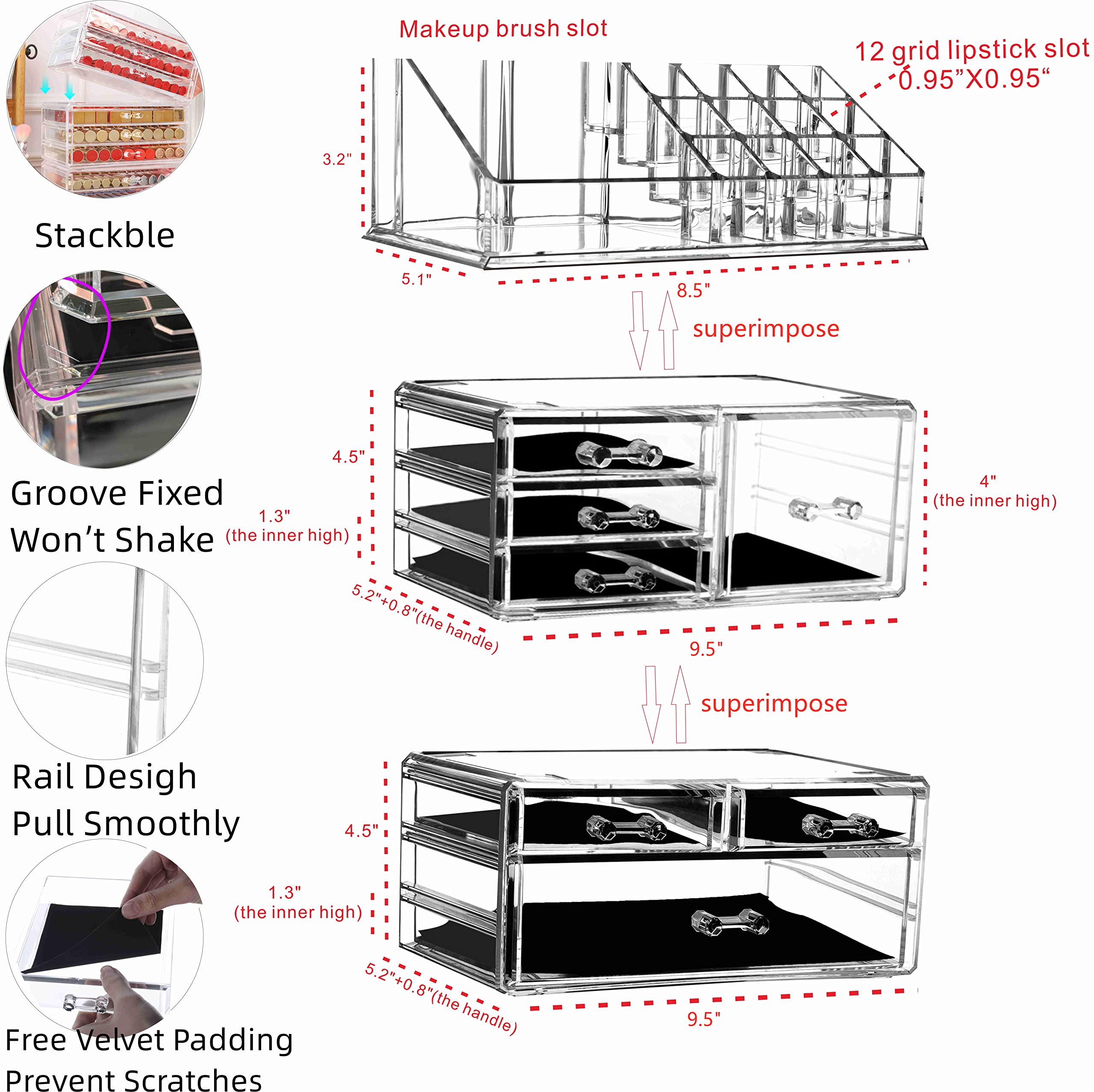 Cq acrylic 3 Pack Clear Makeup Organizer Countertop,Stackable 7 Drawers Skincare Organizer,Cute Skin Care Organizer for Vanity Hair Clip,Jewelry,Beauty Product Desk and Make Up Organizers for Vanity