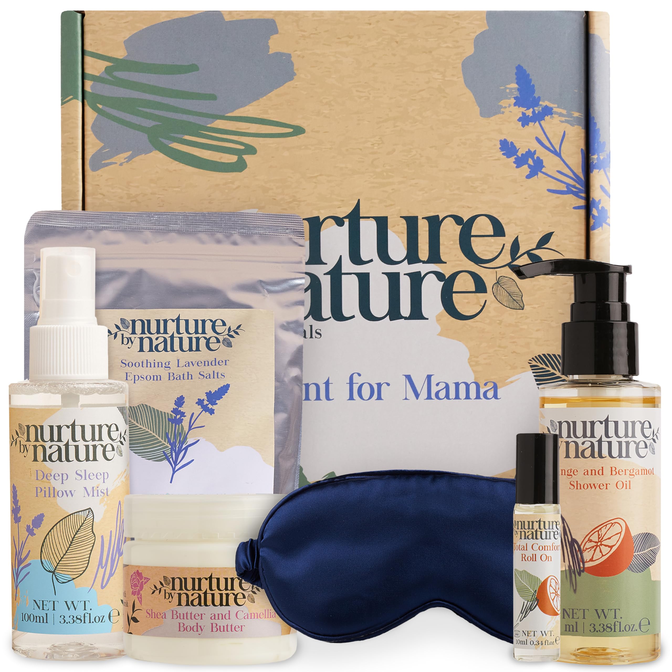 Nurture by Nature's MOMENT FOR MAMA Gift Set, Lavender Pillow Mist, Spa Gift Baskets for Women, 6 Pcs Per Bath Set, Mom Spa Gift Set, Relaxation Kit, Body butter, Shower Oil, Essential Oil Roll on