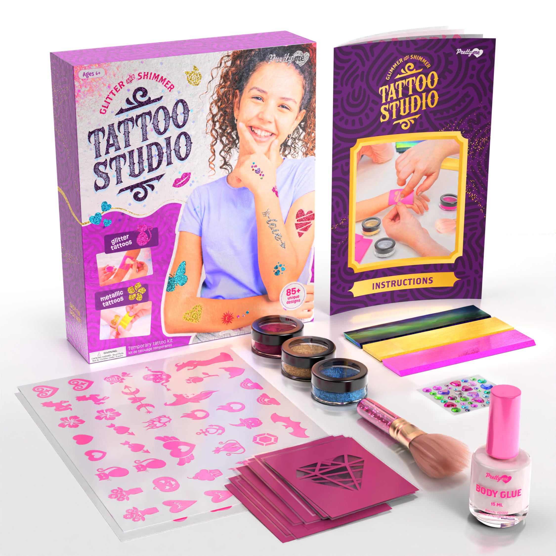 Temporary Shimmery Tattoo Studio Kit for Kids - Glitter & Metallic Fake Tattoos for Girls - Birthday Gift Ideas for Girl - Best Craft Kits Toys Stuff for Ages 6, 7, 8, 9, 10, 11 Year Old - Cool Gifts