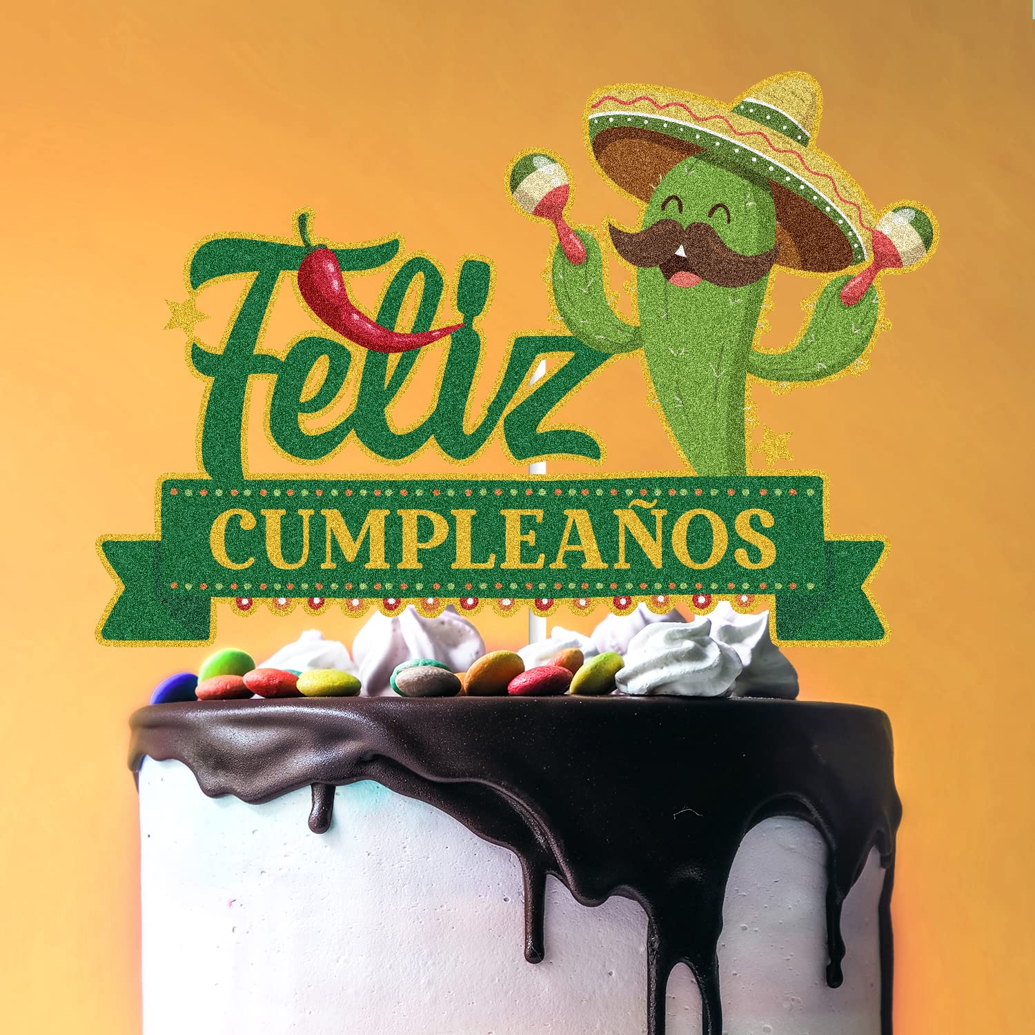 Feliz Cumpleaños Happy Birthday Cake Topper Green Glitter Mexican Cactus Taco Llama Maracas Cinco De Mayo Spanish Fiesta Theme Party Decors Supplies