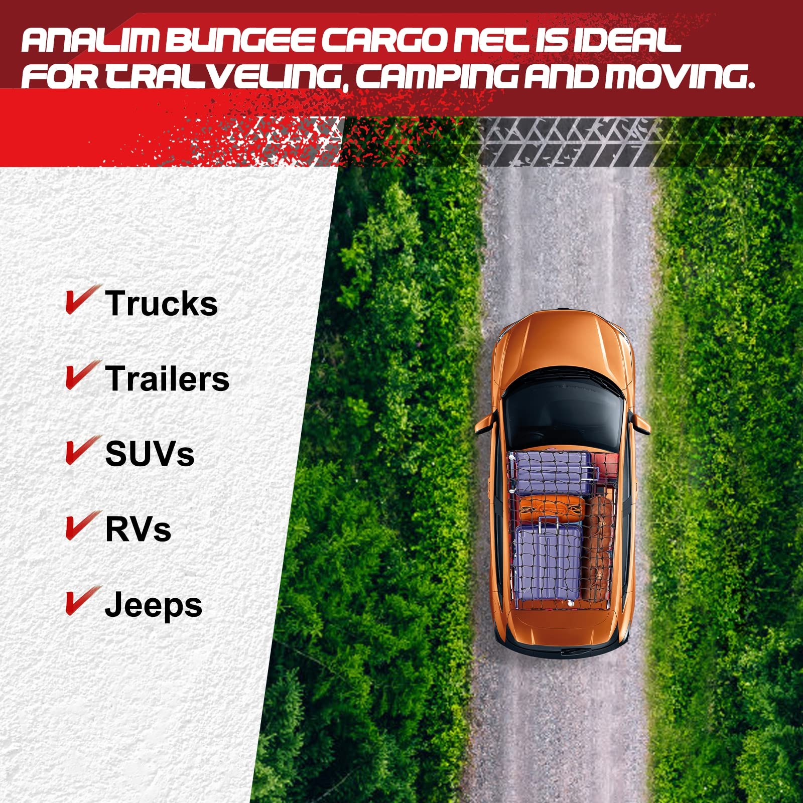 ANALIM Cargo Net for Pickup Truck Bed, 4' x 6' Stretches to 8' x 12' Heavy Duty Bungee Cargo Net with 12 Pcs Metal Carabiner Clips, Tie-Down Mesh Cord Net for Trailer Luggage