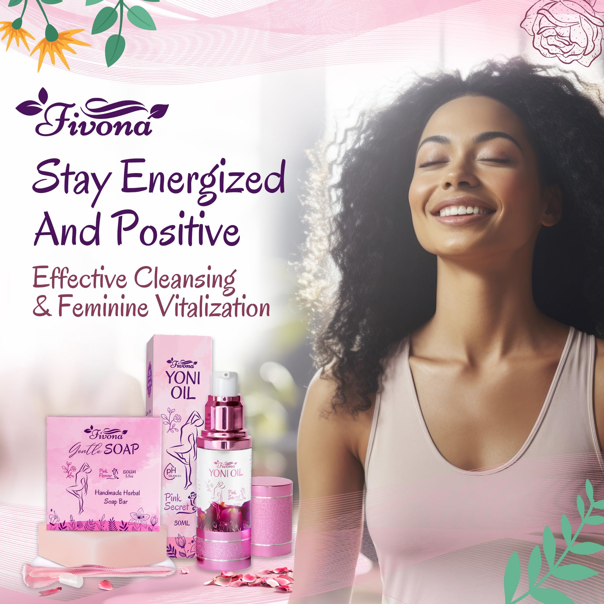 FIVONA 2 in 1 Set of Yoni Oil with Yoni Soap Bar - Feminine pH Balanced Natural Vaginal Oil 30 ml with Organic Herbal Soap 5.3 oz - Wash and Hygiene Care Bundle for Women