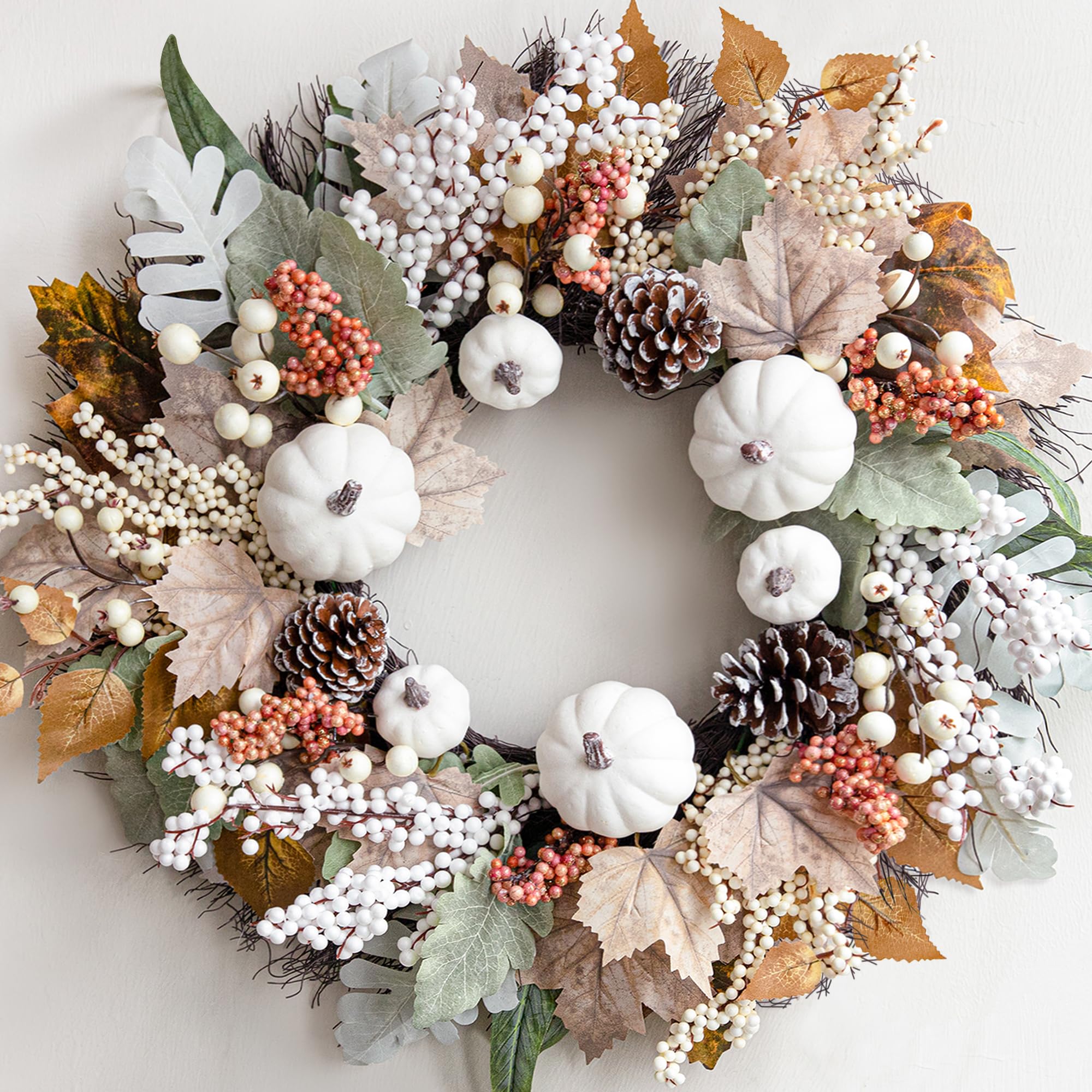 Fall Decor - Fall Decorations for Home - 18 Inch Autumn Maple Leaf Pumpkin Pine Cone Berry Wreath - Fall Wreath for Thanksgiving Halloween Farmhouse Harvest Front Door Outdoor Indoor Window Wall