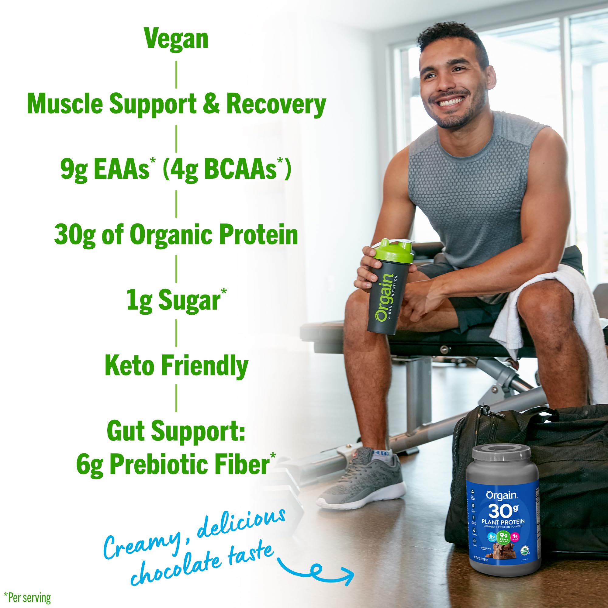 Orgain Organic 30g Vegan Protein Powder, Chocolate 9g EAAs + BCAAs, Plant Protein, 6g Prebiotic + Fiber, 1g Sugar, Pre-Workout, Muscle Support + Recovery - 2.01lb (Packaging May Vary)