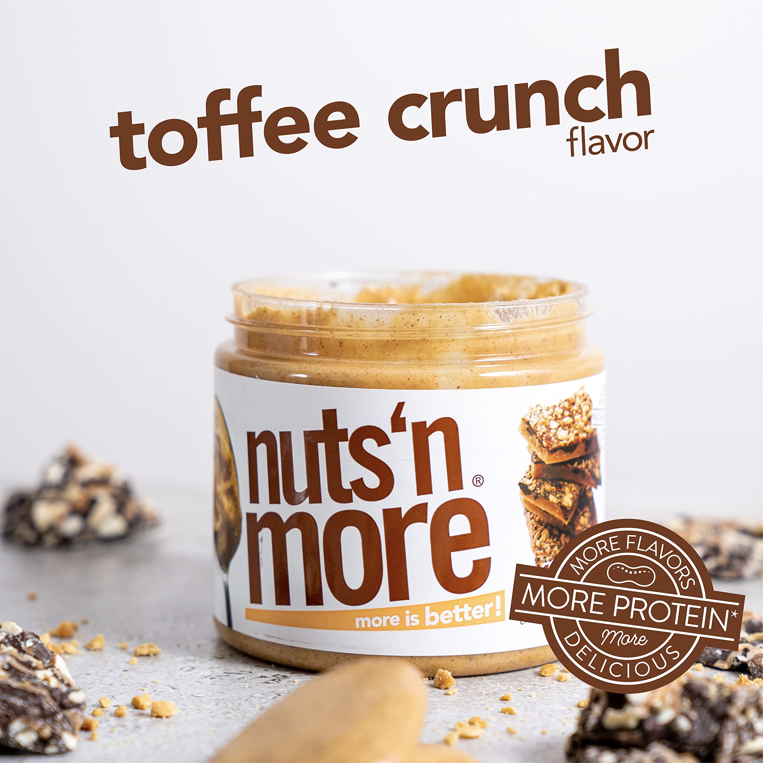 Nuts ‘N More Toffee Crunch Peanut Butter Spread, Added Protein All Natural Snack, Low Carb, Low Sugar, High Protein Flavored Nut Butter (15 oz Jar)