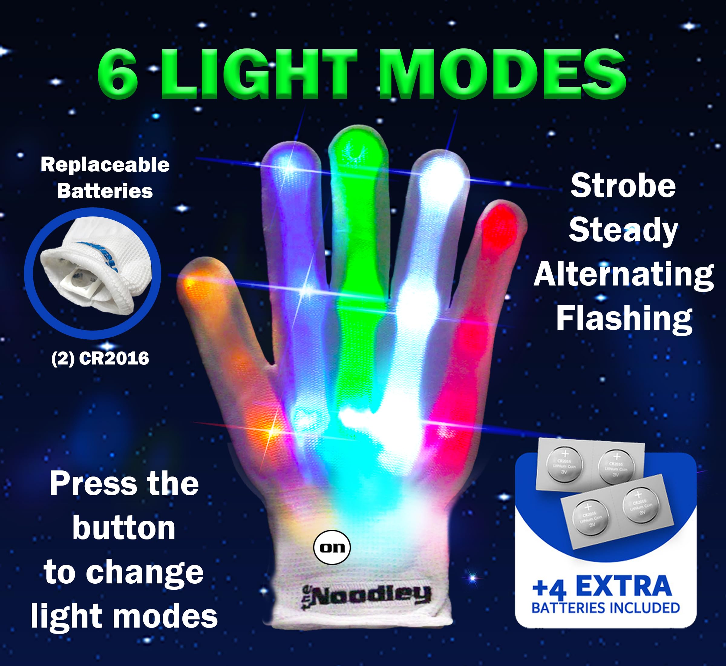 The Noodley Teen LED Gloves Flashing Light Up Glove Teens and Adult Size Rave Party Glow Fingers Family Chirstmas Fun (Large, Ages 13 up)