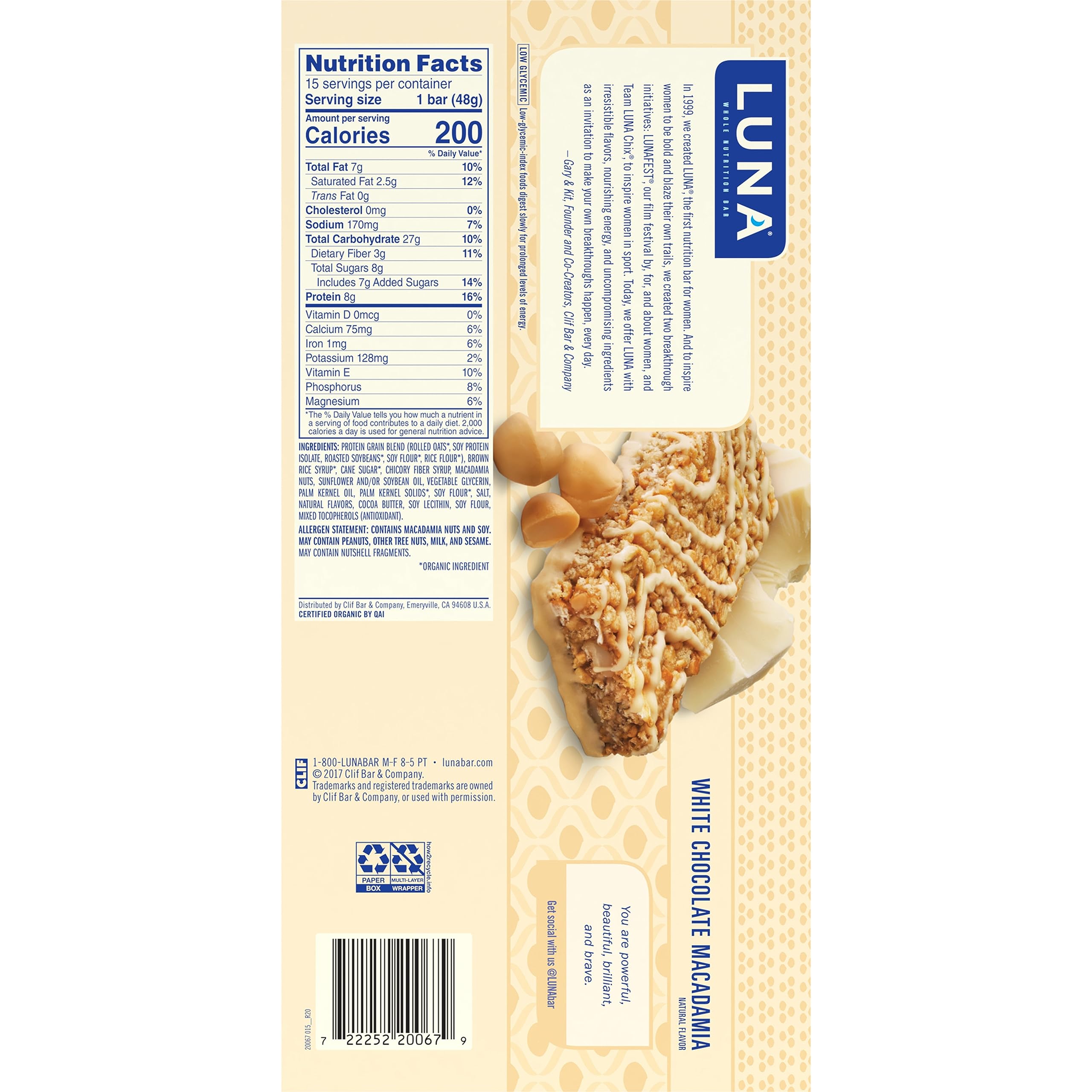 LUNA Bar - White Chocolate Macadamia Flavor - Gluten-Free - Non-GMO - 7-9g Protein - Made with Organic Oats - Low Glycemic - Whole Nutrition Snack Bars - 1.69 oz. (15 Count)