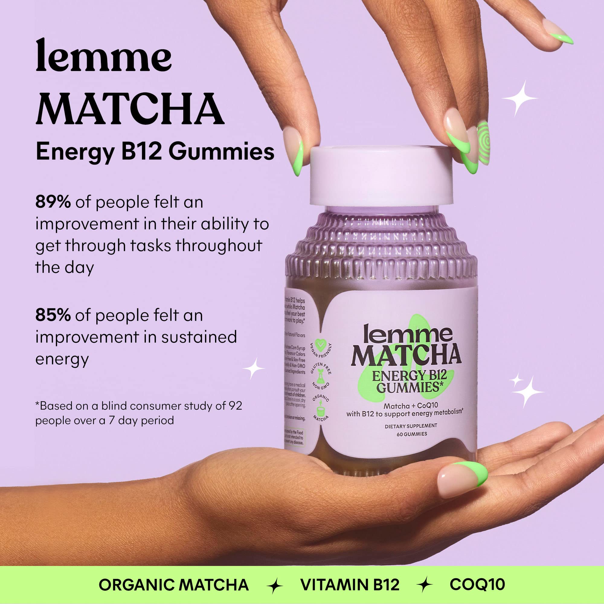 Lemme Matcha Superfood Energy Gummies with Organic Matcha Green Tea, Vitamin B12 and Antioxidant CoQ10 to Support Cellular Energy, Metabolism & Healthy Skin - Vegan, Gluten Free, Non GMO (60 Count)