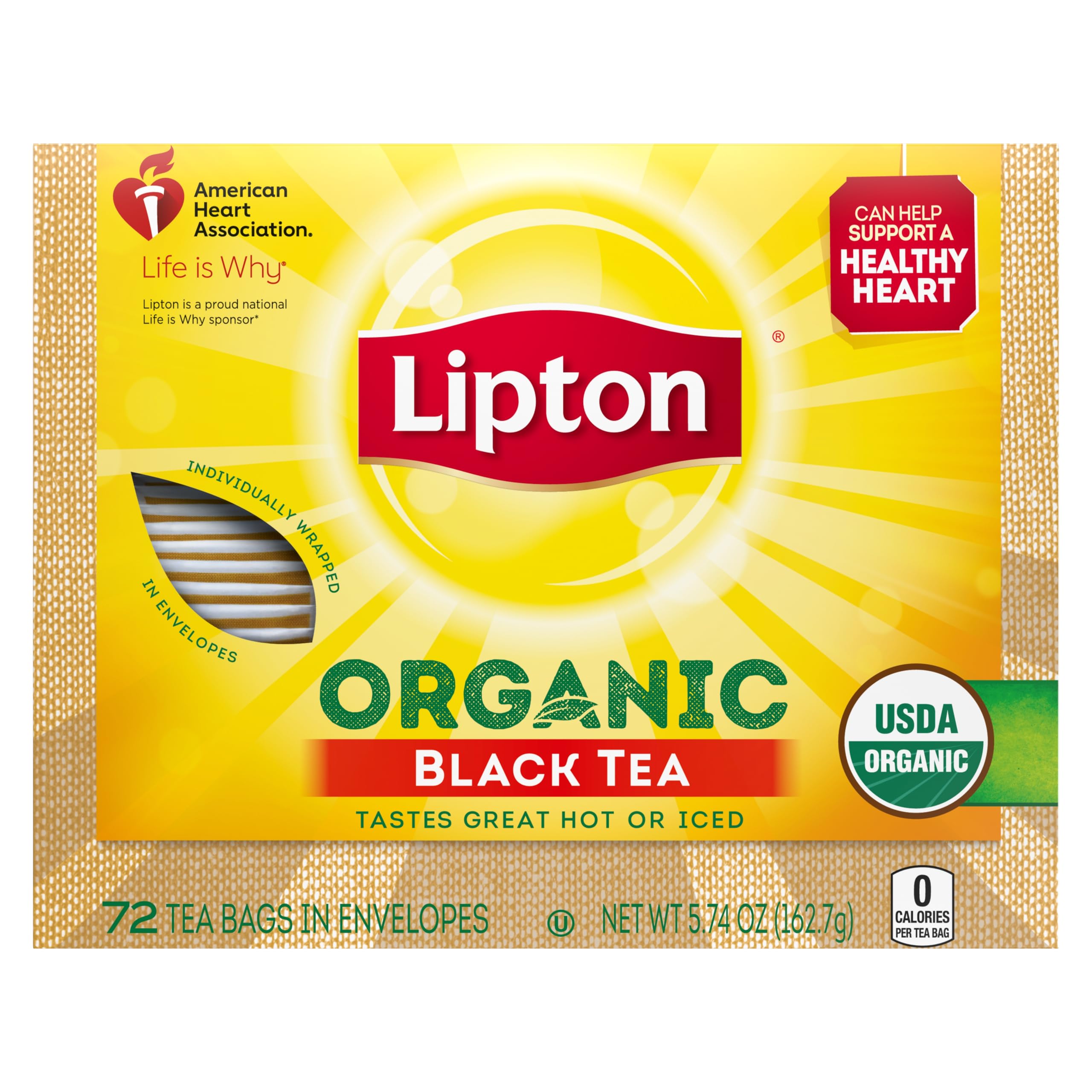 Lipton Organic Tea Bags, Black Tea, Iced or Hot Tea, Can Support Heart Health, 72 Total Tea Bags