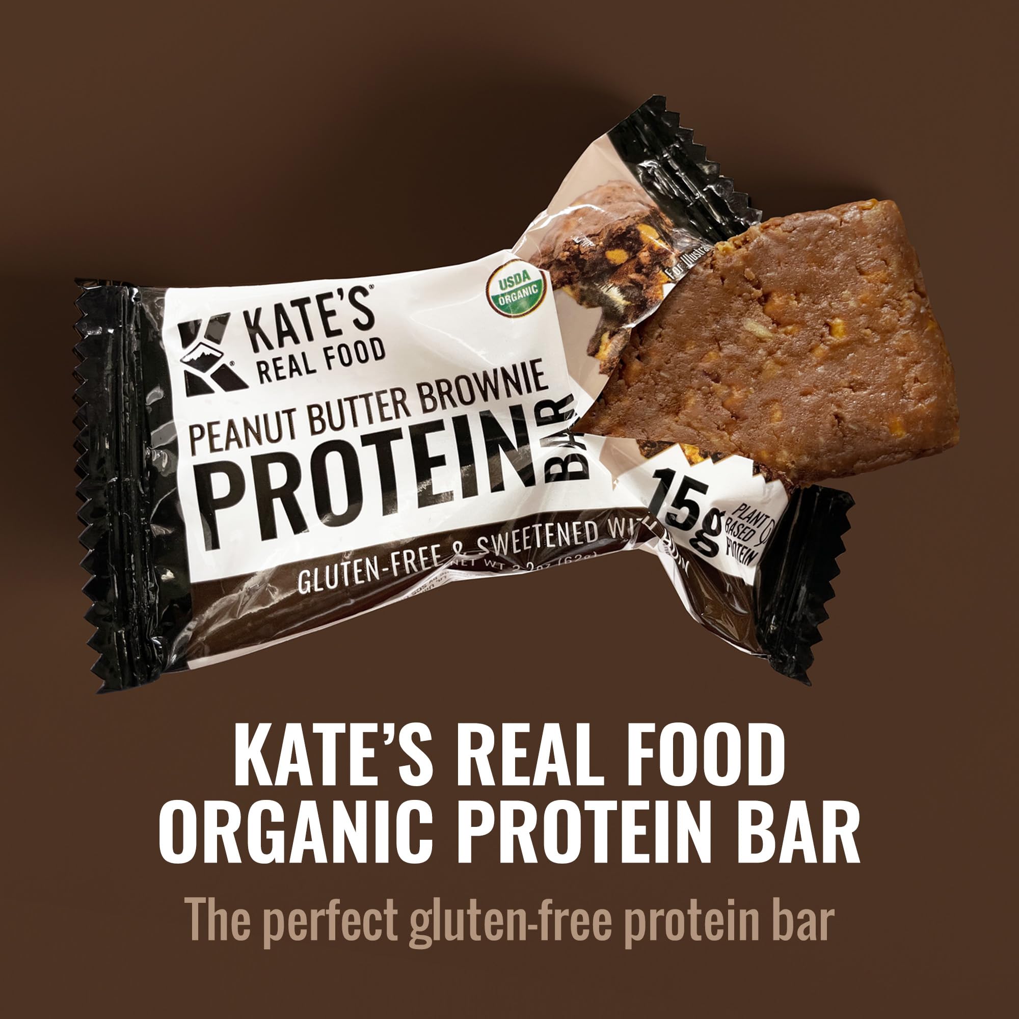 Kate’s Real Food Organic Protein Bars – (Peanut Butter Brownie, 2.2 oz, Pack of 12) – Plant Based Protein Bars - Gluten Free, Soy Free, Non GMO, Whole Grains, and All Natural