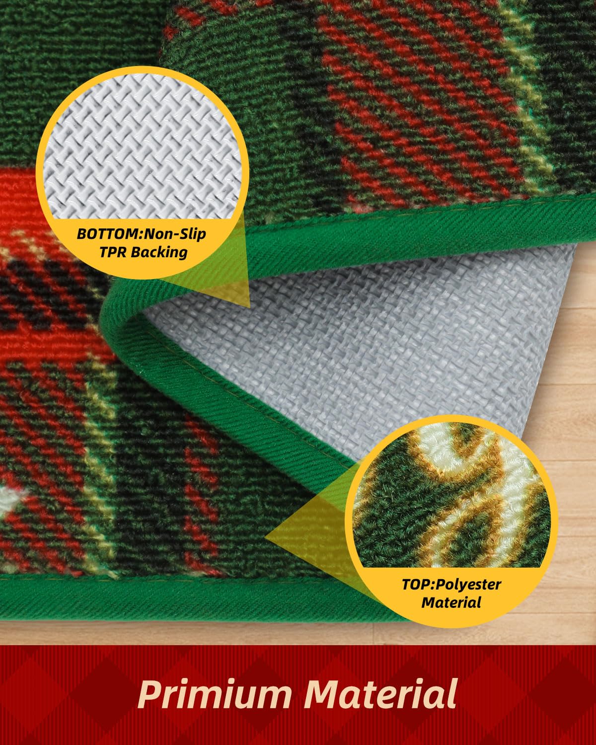 JSEI Door Mat Green Buffalo Plaid Christmas Mat 17"x30", Non-Slip Mats for Entryway with Merry Christmas Greeting and Bow Snowflake Design, Machine-Washable Xmas Doormat for Front Back Door