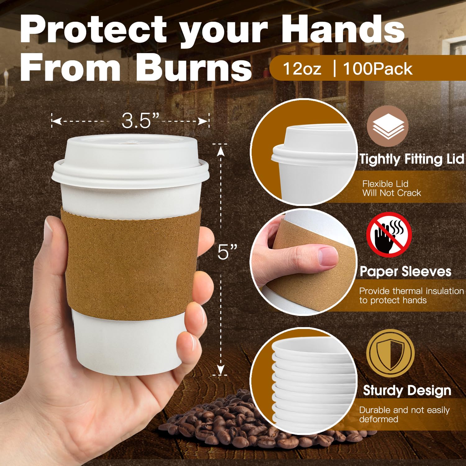 Ginkgo 100 Pack 12 oz Leak-Proof Coffee Cups with Lids and Sleeves Disposable Paper To Go Hot Coffee Cups for Home, Business, Office, Cafes and Parties