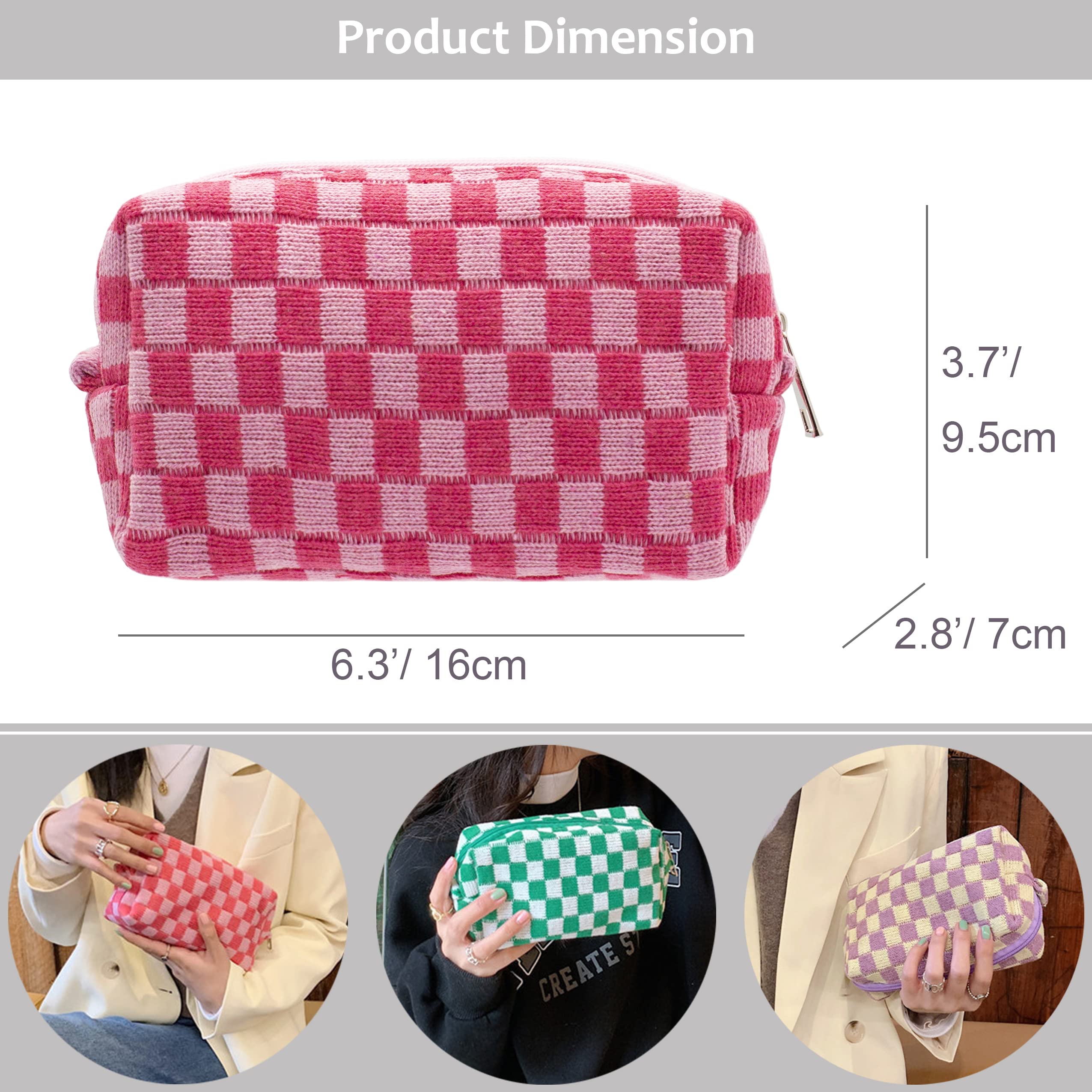 PAZIMIIK Checkered Makeup Bag for Purse Portable Zipper Make Up Pouch Small Cosmetic Case for Travel Accessories (Hotpink)