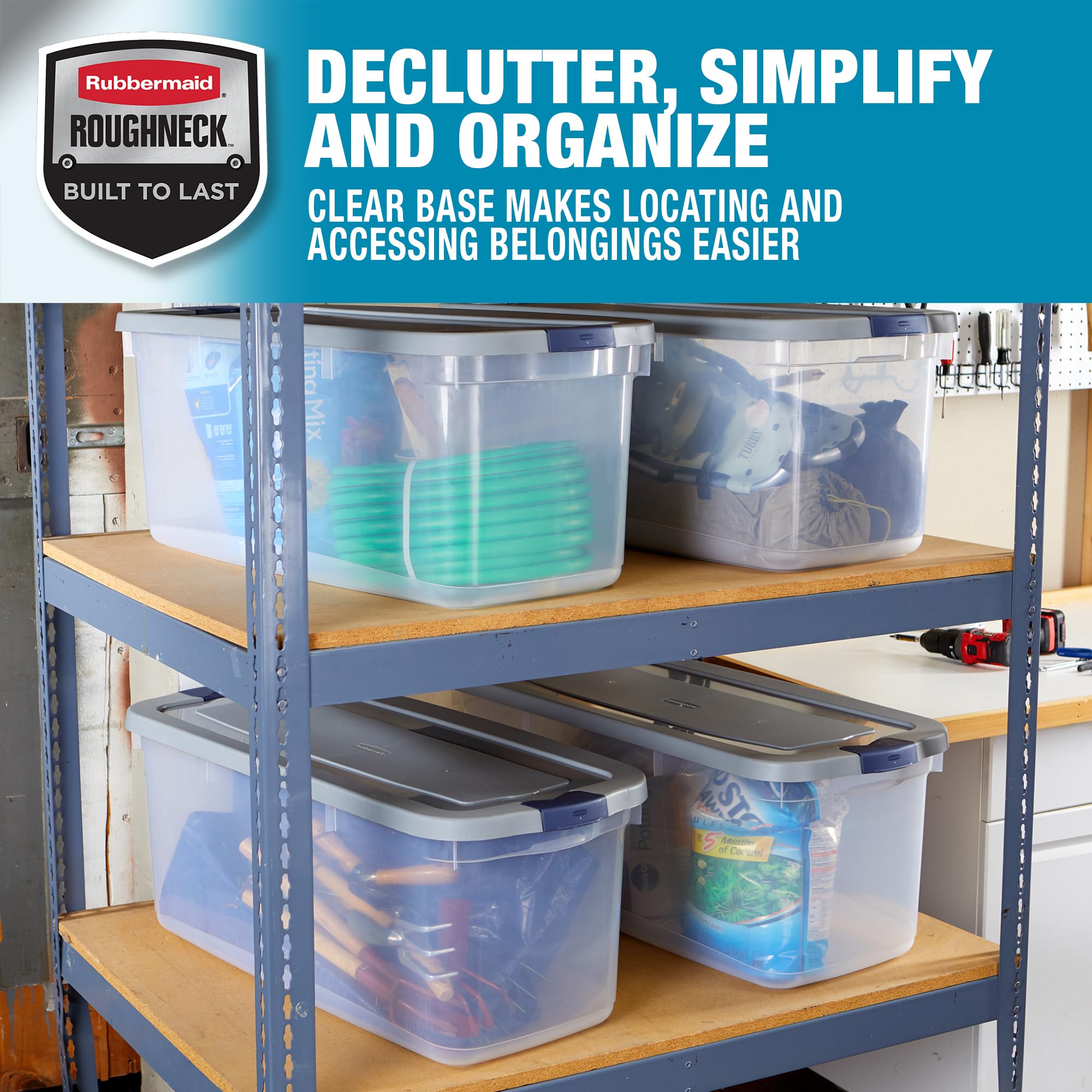 Rubbermaid Roughneck Clear 95 Qt/23.75 Gal Storage Containers, Pack of 4 with Latching Grey Lids, Visible Base, Sturdy and Stackable, Great for Storage and Organization