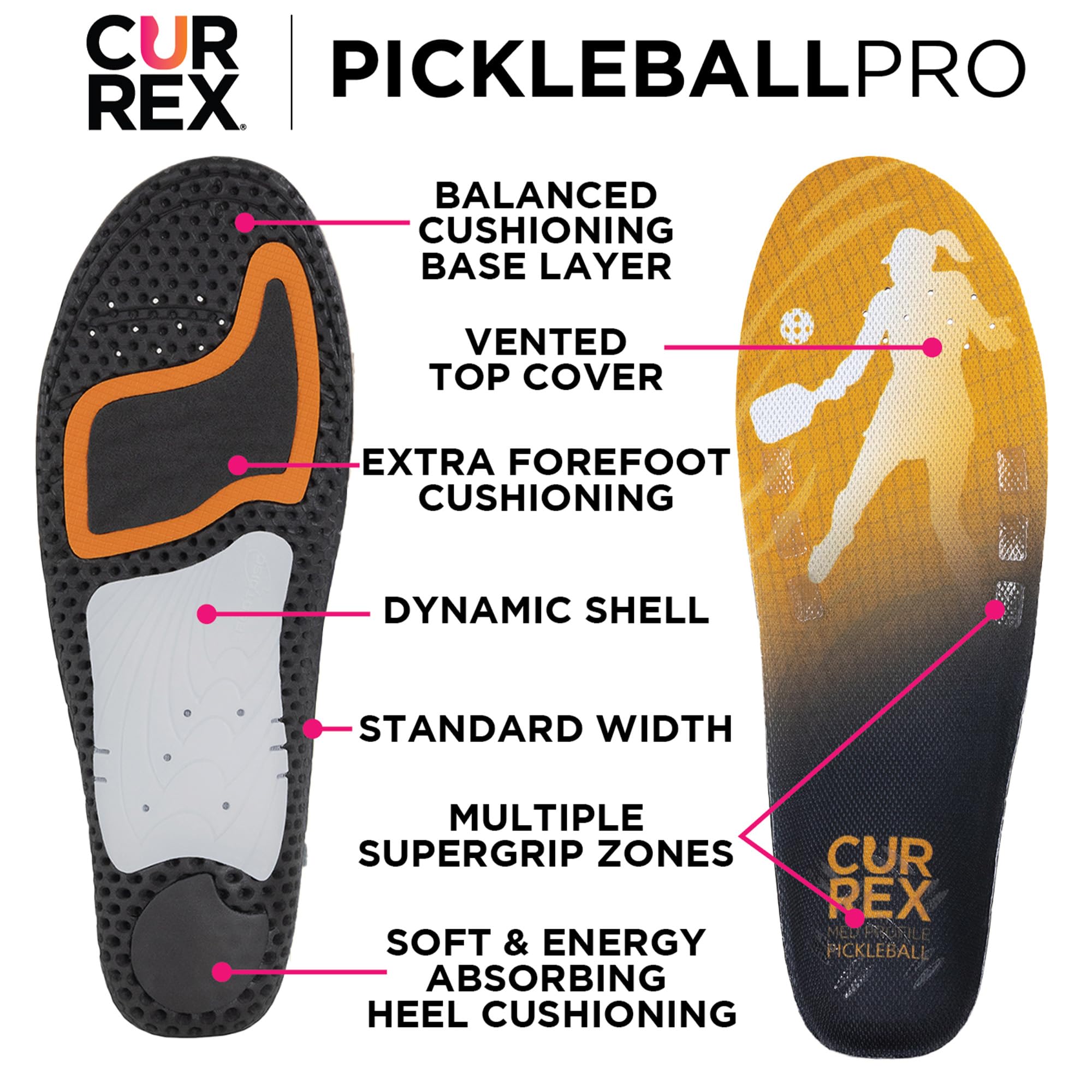 CURREX PICKLEBALLPRO Insoles for Pickleball Shoes – Arch Support Inserts w/Super Grip Surface & Premium Heel Cushioning, Helps Improve Foot Stability – for Men & Women– High Arch, XL