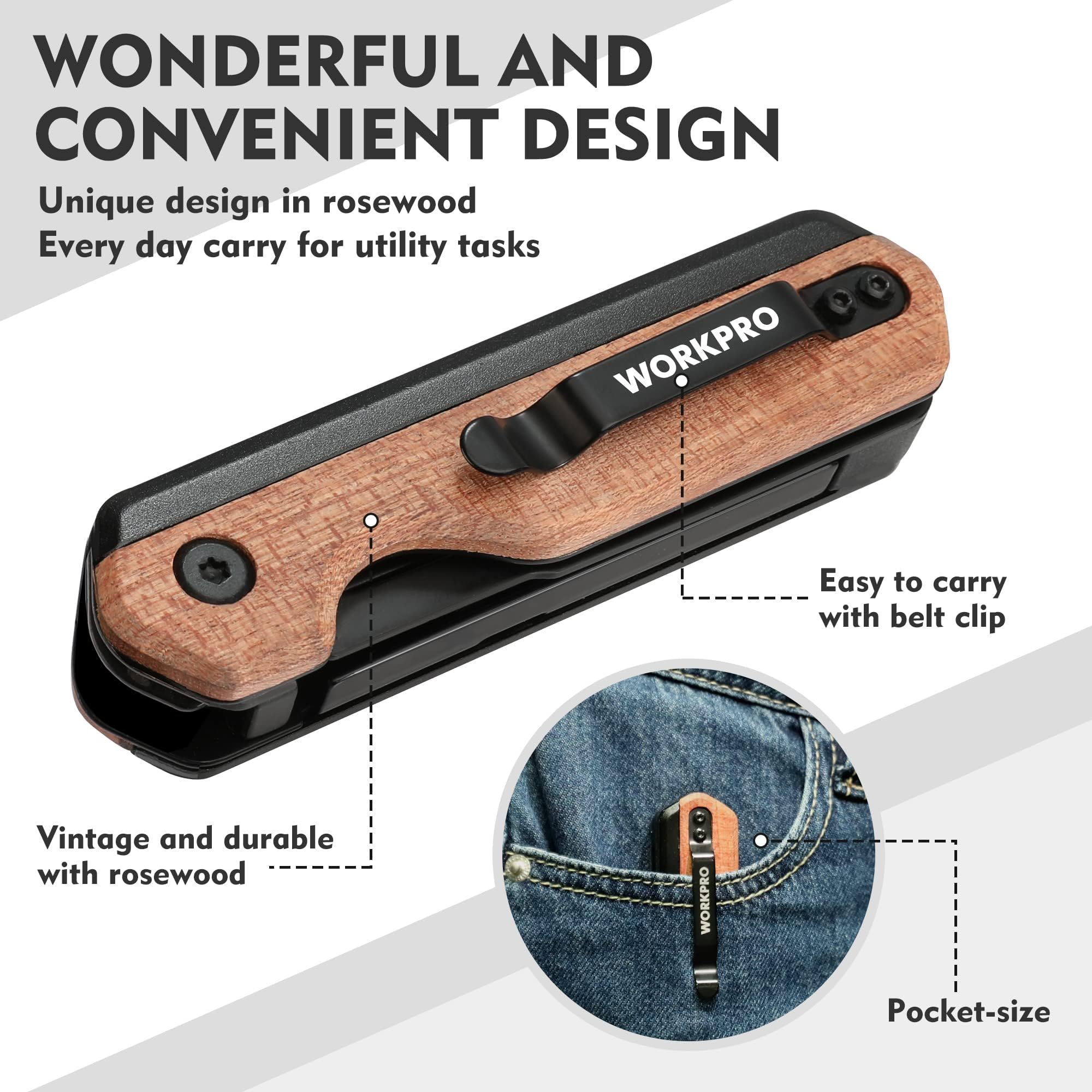 WORKPRO 2-in-1 Folding Knife/Utility Knife - Gifts for Dad, Quick-Change Box Cutter with Belt Clip and Liner Lock, Extra 10 SK5 Blades Included