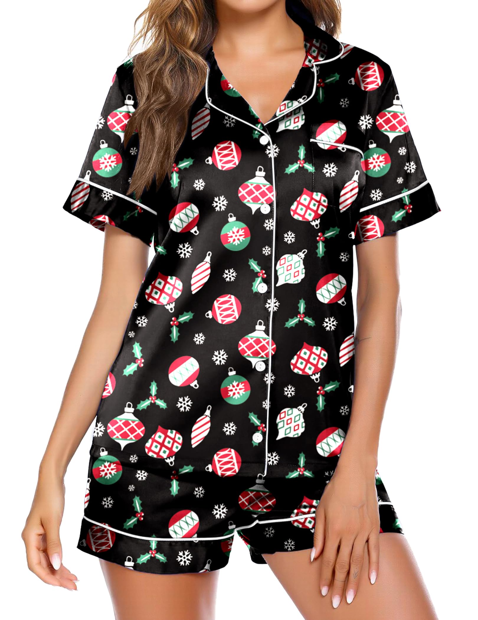 Ekouaer Christmas Pajama Set Women's Holiday Sleepwear Short Nightwear Set Button Down Satin Pj Lounge Set Soft 2 Piece Set (Christmas Pattern,L)