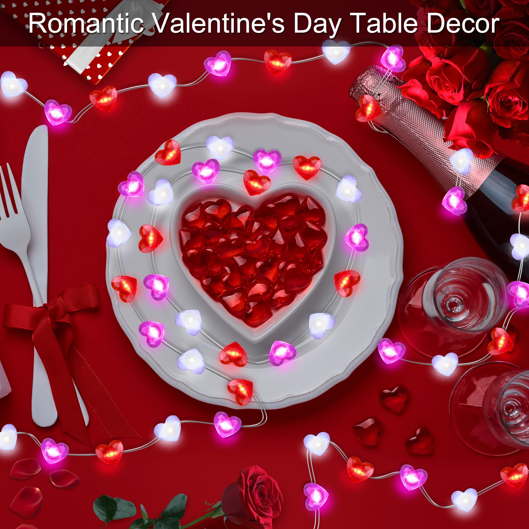 Valentines Day Decor 10FT 30 LED Valentine's Day Lights with Timer, Red Pink White Heart Lights String Battery Operated, 8 Modes Valentines Decorations Heart Fairy Lights Romantic Decor Home Bedroom