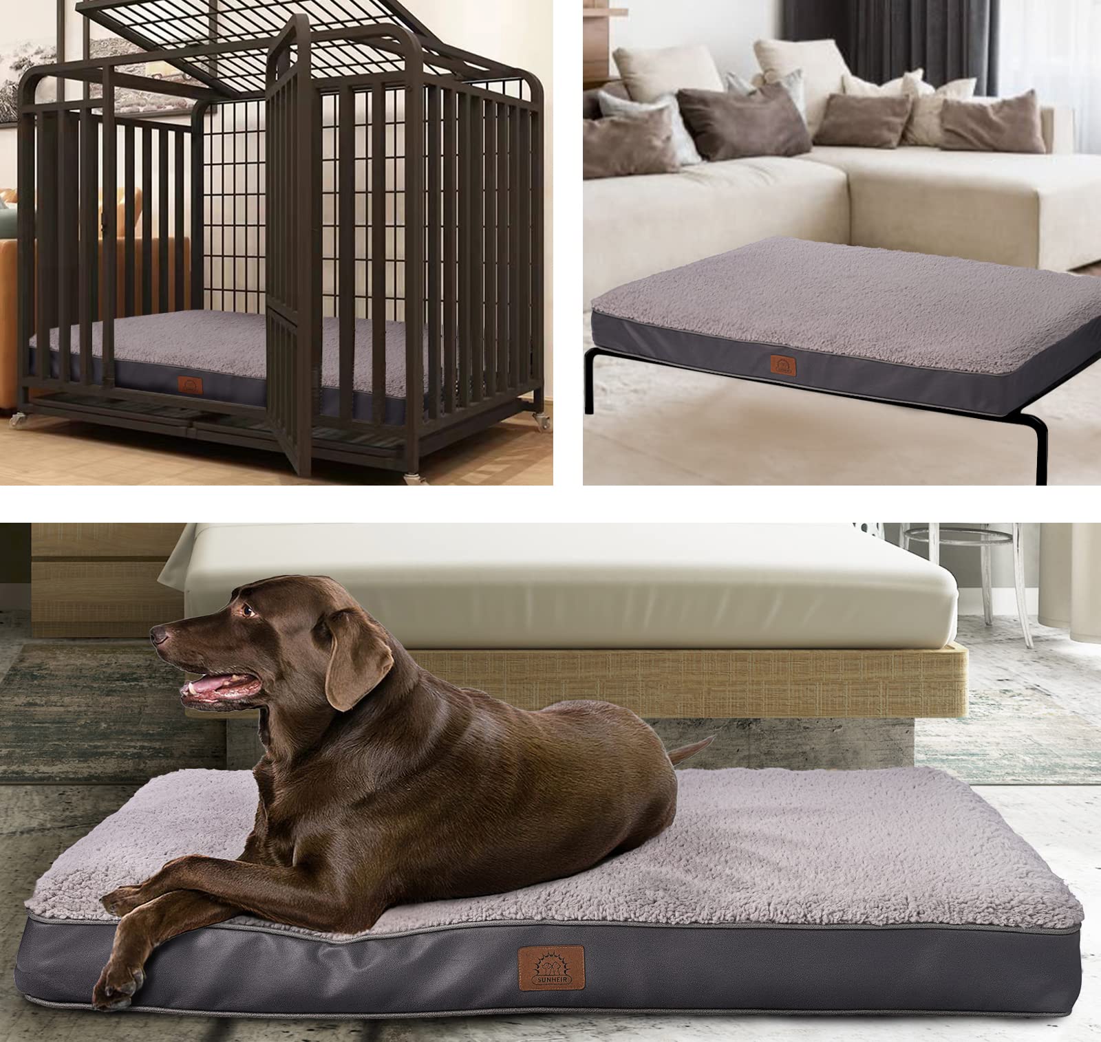 Sunheir Orthopedic Dog Bed for Large Dogs - Big Waterproof Dog Crate Bed with Removable Washable Cover, Egg Crate Foam Support, Anti-Slip Bottom, Deluxe Plush Pet Bed Mat (Grey)