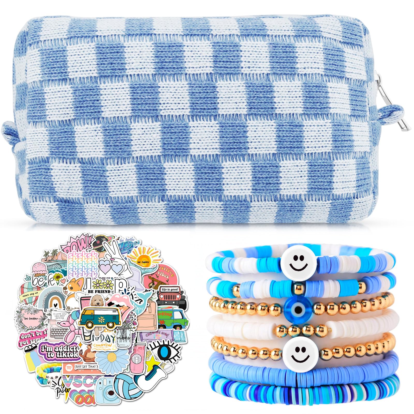 58 Pcs Checkered Makeup Bag Set Preppy Aesthetic Cosmetic Bag Travel Makeup Pouch Toiletry Bag 7 Heishi Surfer Bracelets with 50 Cute Preppy Stickers for Women Girls Teens Gift (Blue)