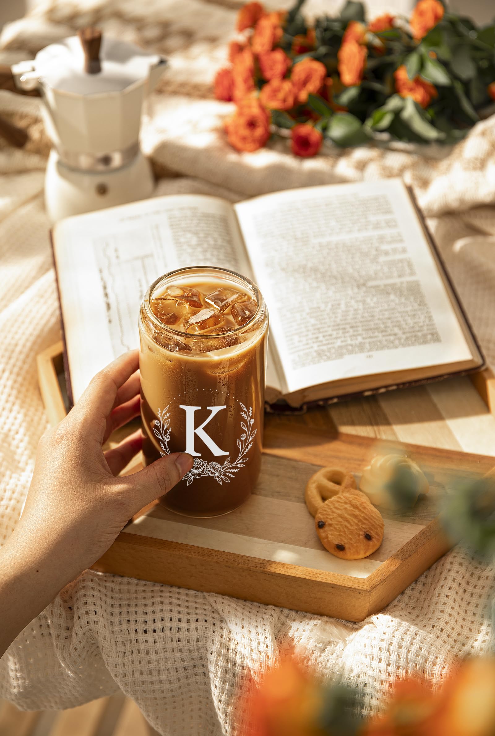 Personalized Gifts for Women, Monogrammed 16oz Glass Cups with Bamboo Lids and Straws, Customized Glass Tumbler, Cute Custom Mug, Customizable Initial Iced Coffee Glasses, Birthday Bridesmaid Mom, K