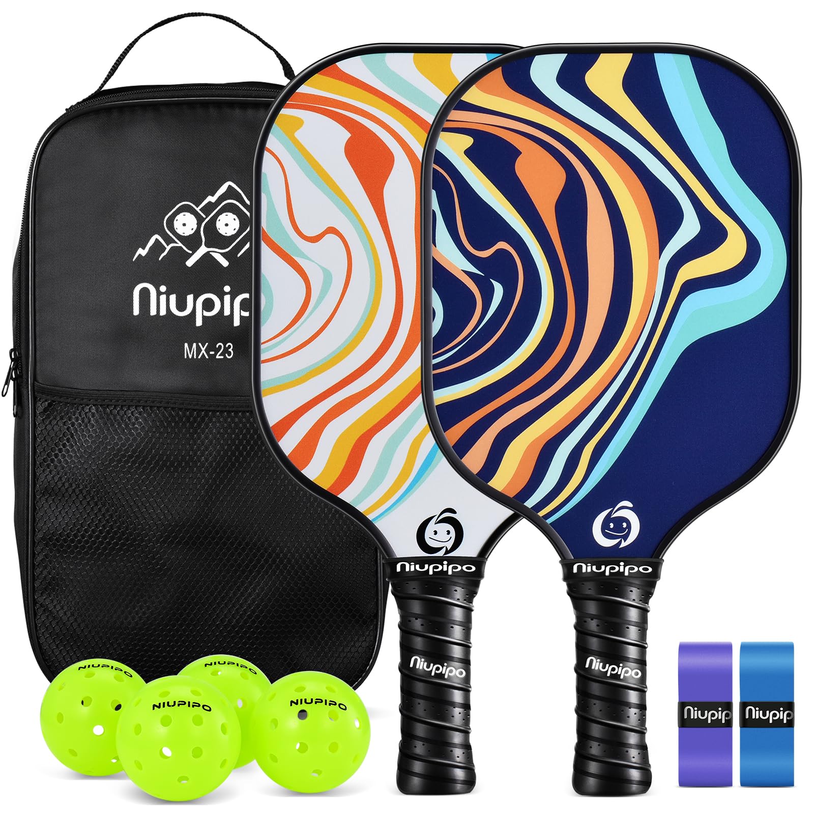 niupipo Pickleball Paddles, Pickleball Paddles Set of 2, Fiberglass Surface, Polypropylene Honeycomb Core, Cushion Grip, Lightweight Pickleball, Portable Carry Bag, White & Orange