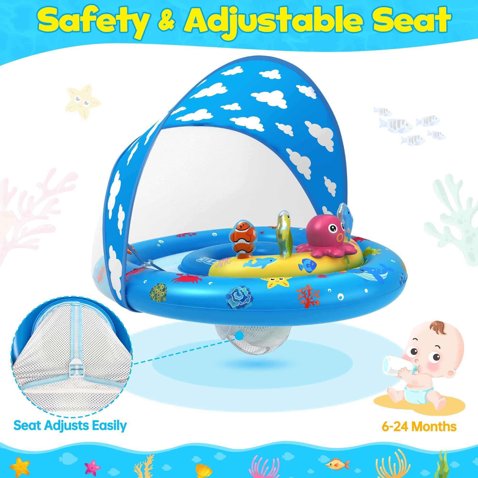 ZIZZ Baby Swim Float Toys - Baby Pools 6-12 Months, Pool Float with Canopy Swimming Toys for Baby 6-12 Months & 1 2 Year Old Toddler Summer Outdoor Play Kids Boy Girl Gifts