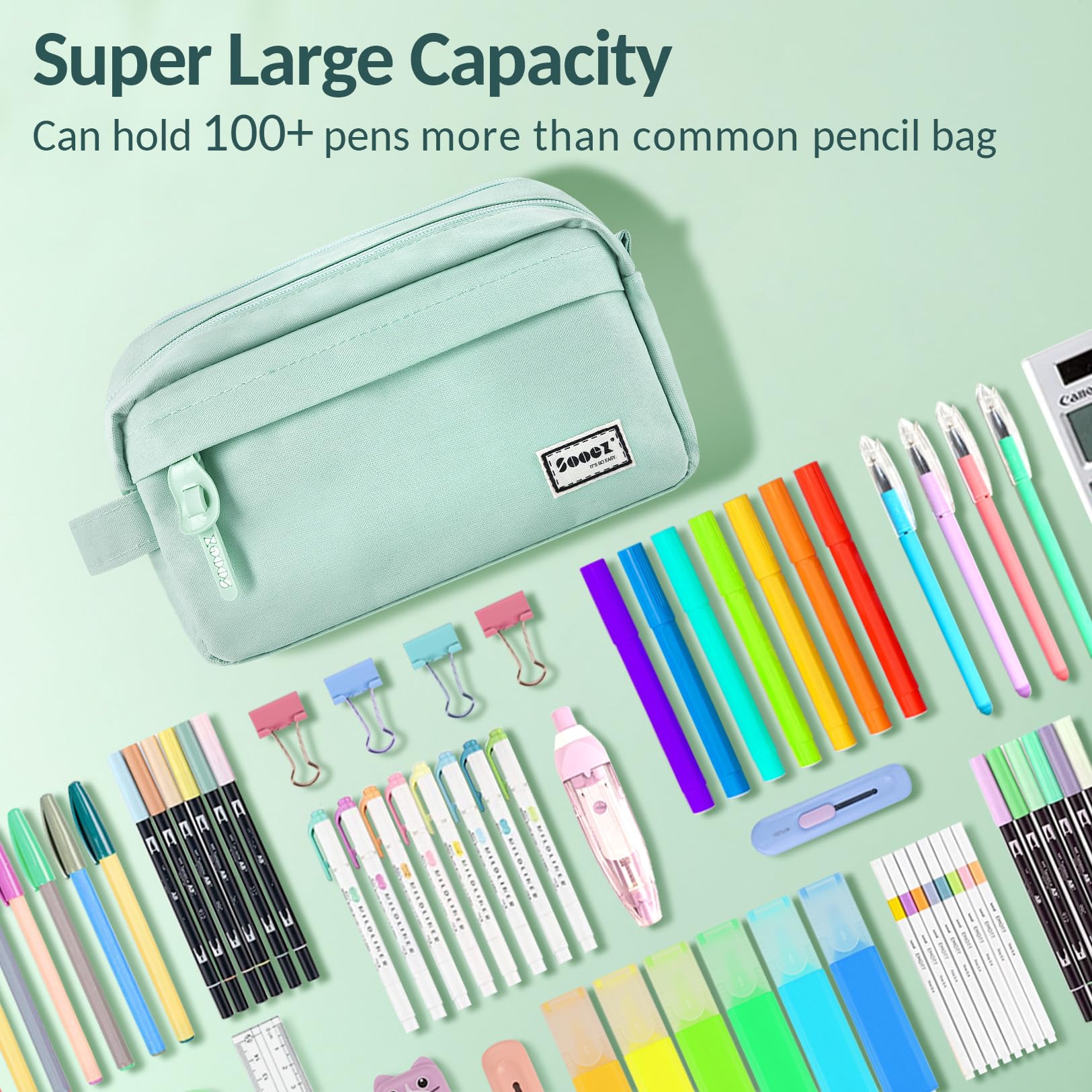 Sooez 𝐎𝐫𝐢𝐠𝐢𝐧𝐚𝐥 High Capacity Pencil Case, Big Pencil Bag Pouch Box Organizer Pen Case, Portable Journaling Supplies with Easy Grip Handle & Loop, Aesthetic Supply for Girls Adults, Mint Green