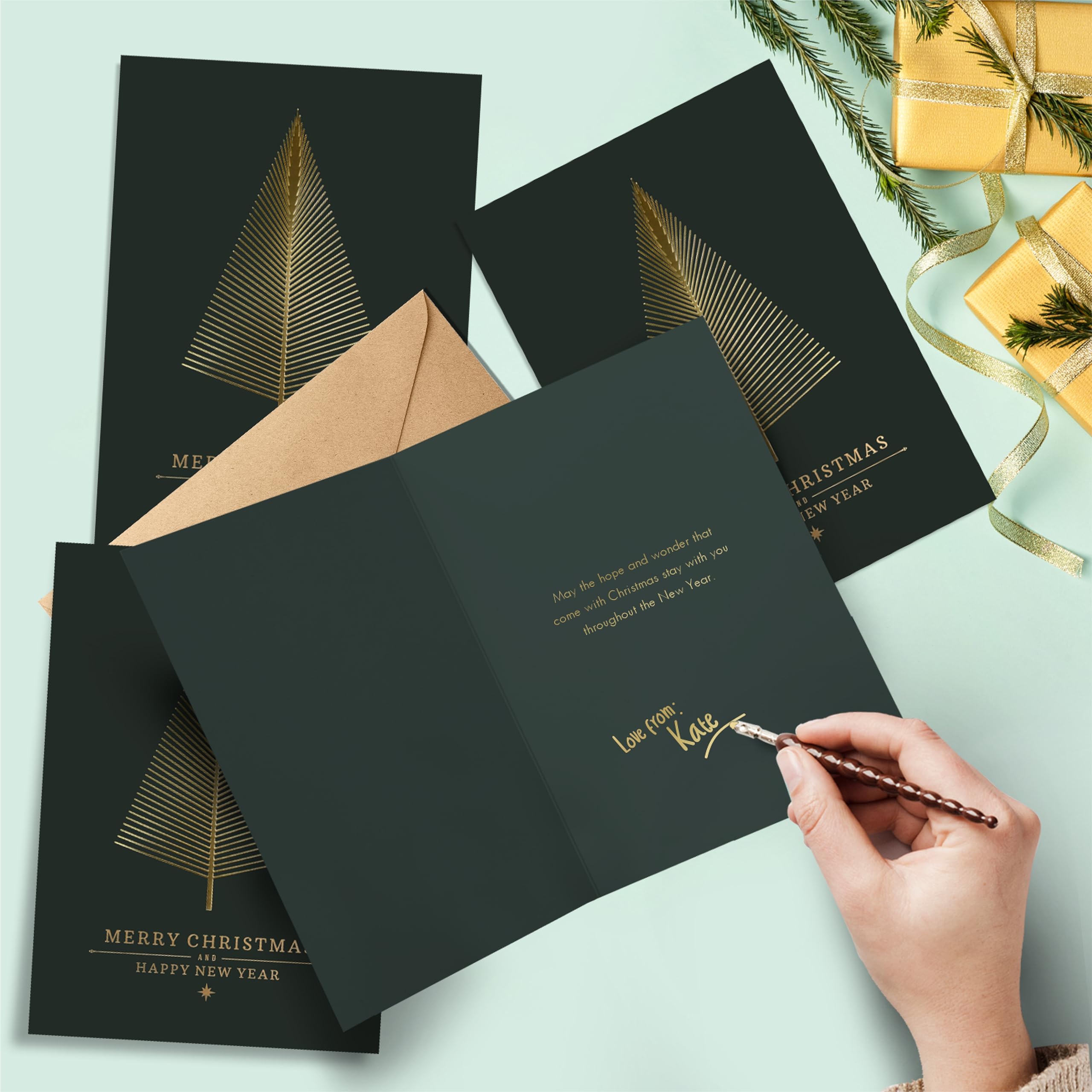 20 Gold Foil Christmas Greeting Cards with Envelopes | Dark Green Col & Embossing on Christmas Tree | 5.75 x 4.25 Inch Merry Christmas Cards with Seal Stickers For Friends , Family and loved Ones