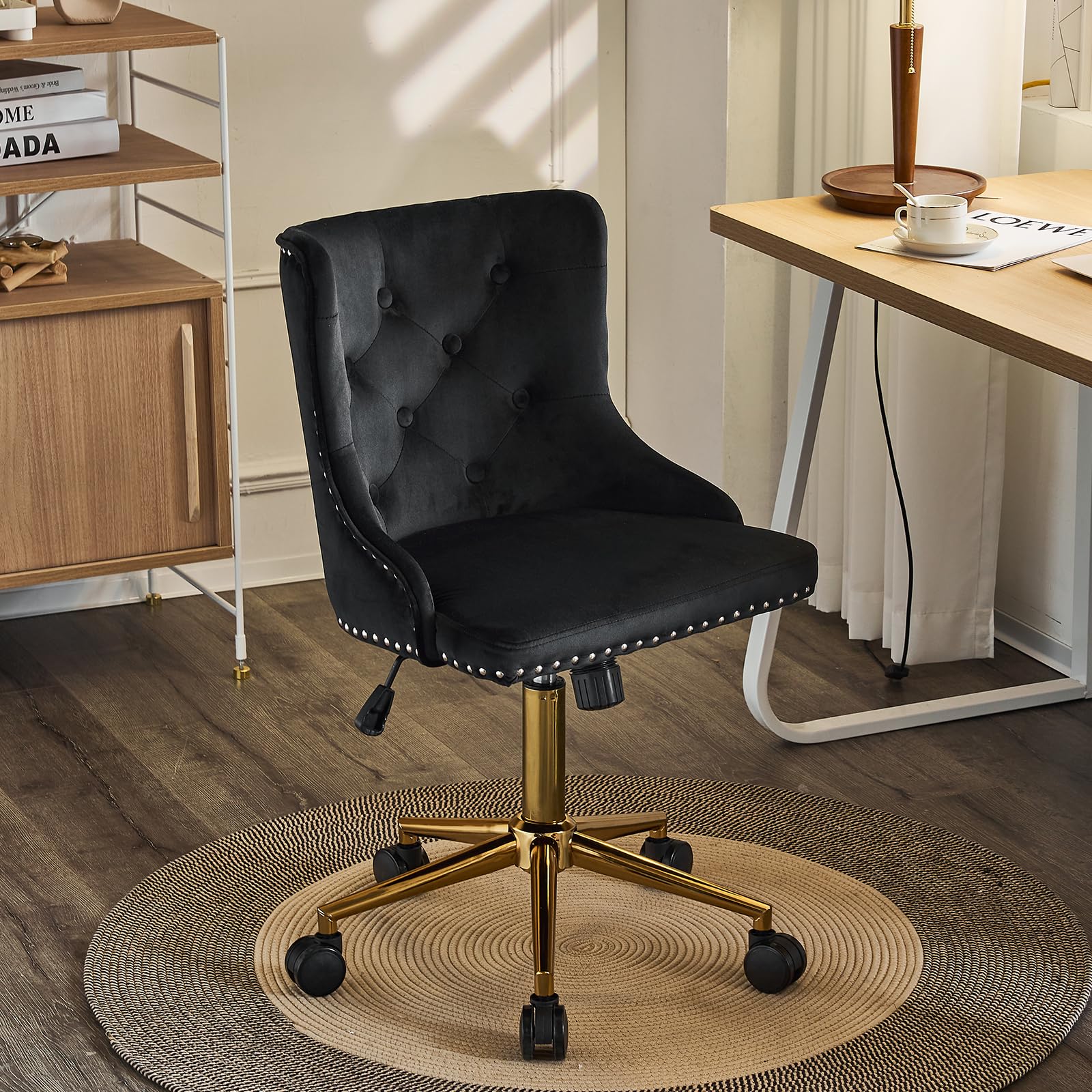 VINGLI Black Velvet Armless Home Office Desk Chair with Gold Base/Wheels, Small Cute Vanity/Makeup Chair with Back for Bedroom, Upholstered Adjustable Rolling Swivel Nail Chair for Women/Girls