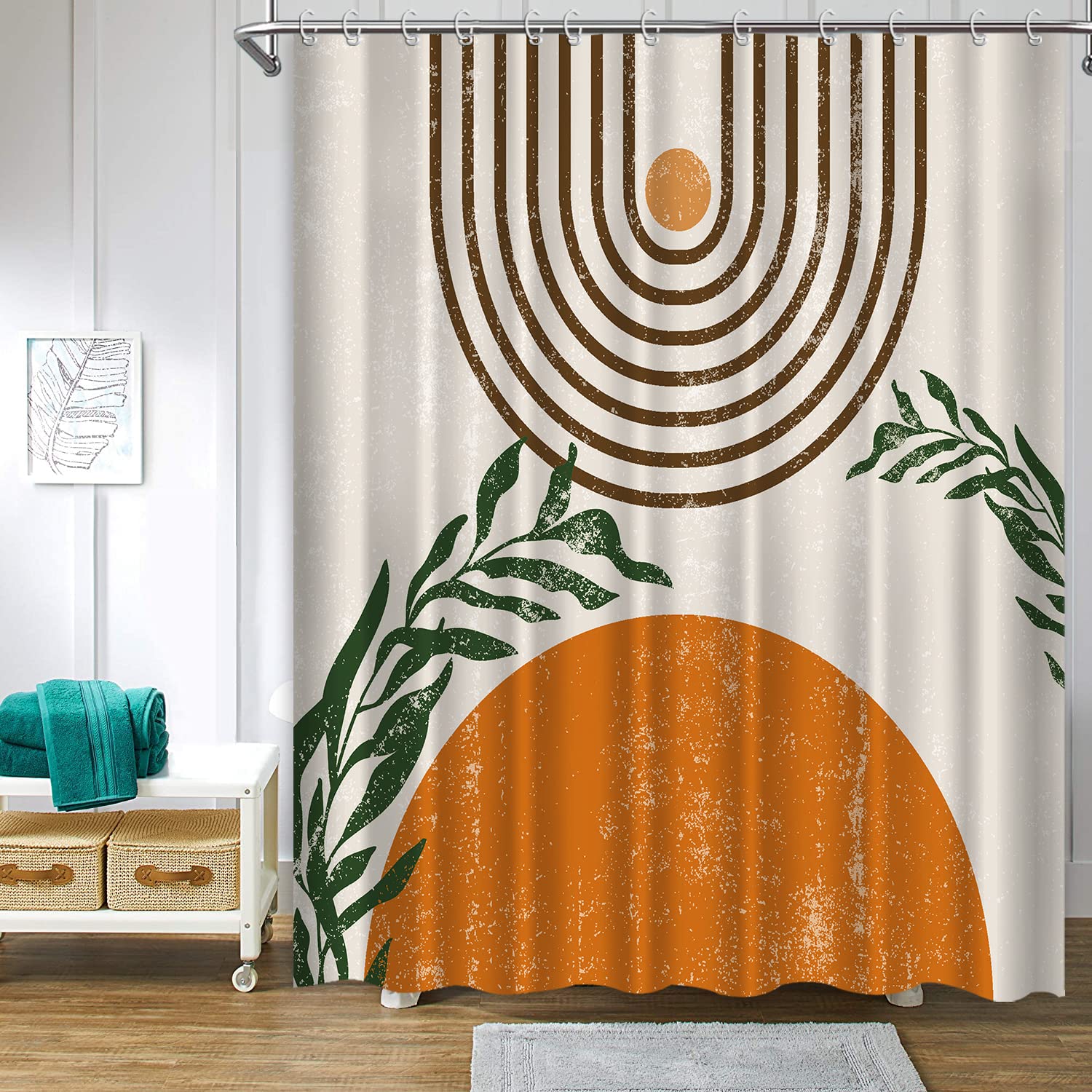 Ouyisha Boho Brown Shower Curtain Abstract Mid Century Geometric Shower Curtain Modern Minimalistic Green Leaf Art Shower Curtain for Bathroom Decor Fabric Waterproof with Hooks, 72"x72"