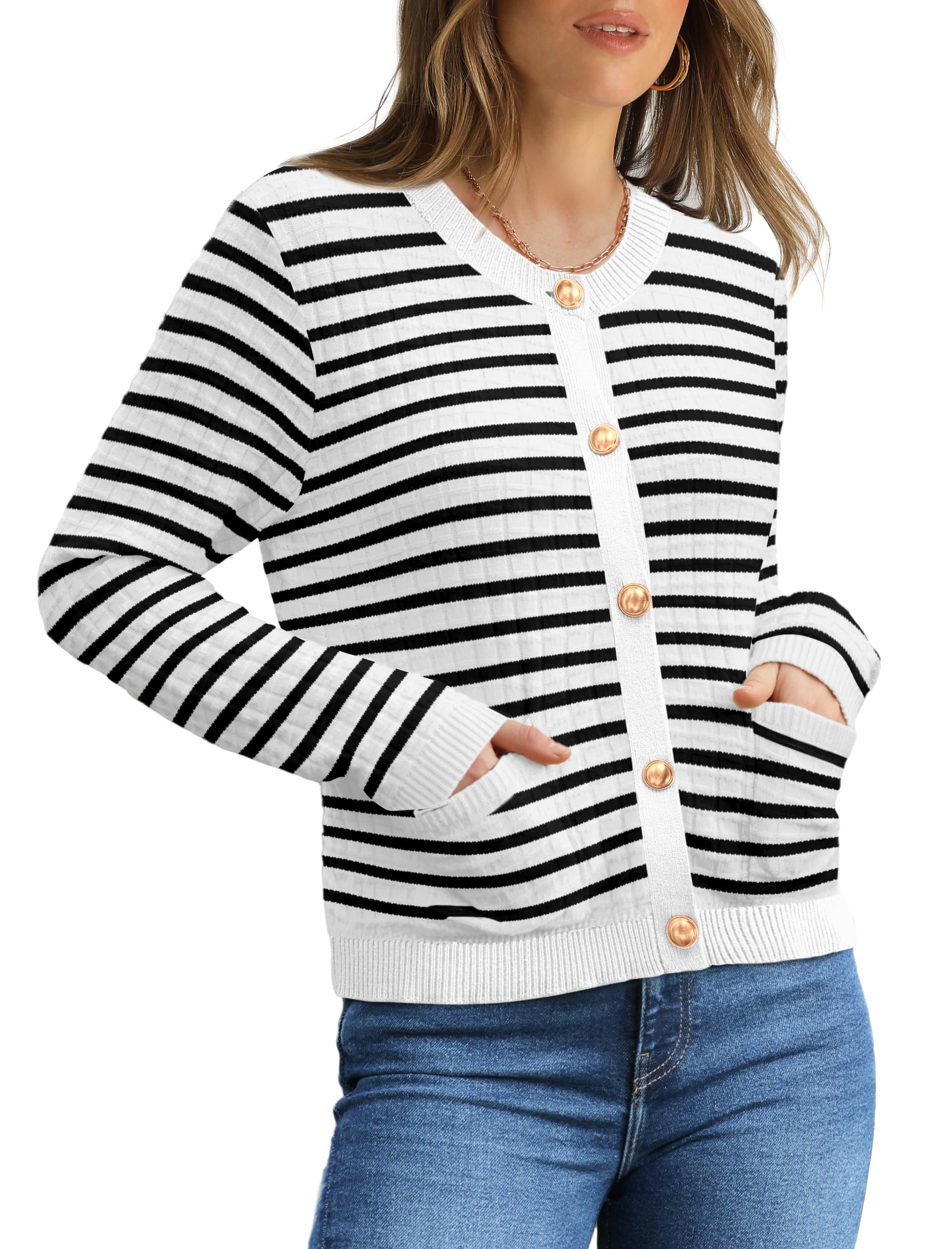 Striped Cardigan Sweaters for Women Trendy 2024 Fall Fashion Ladies Knit Cropped Cardigan Black White M