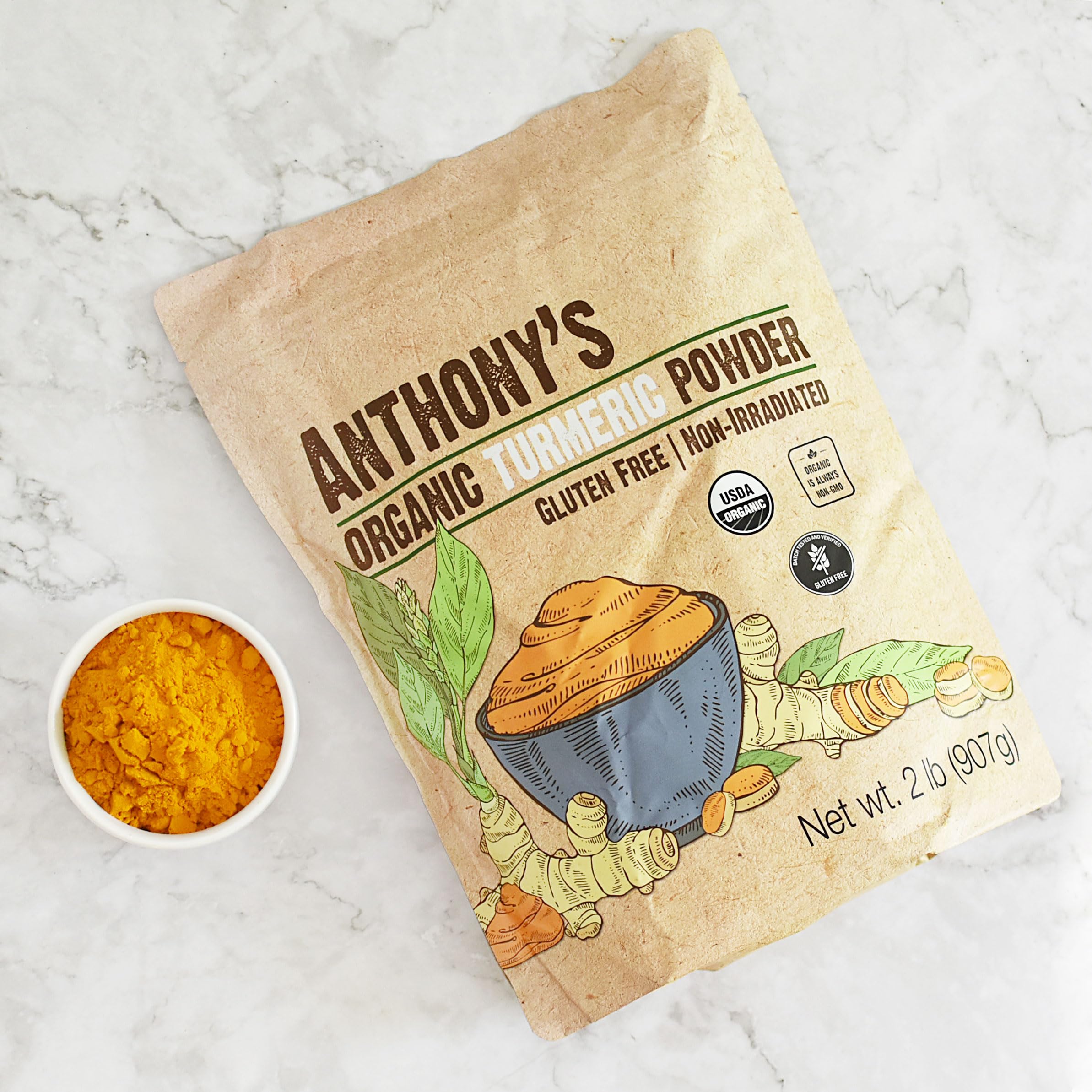 Anthony's Organic Turmeric Root Powder, 2 lb, Curcumin Powder, Gluten Free & Non GMO (Pack of 1)