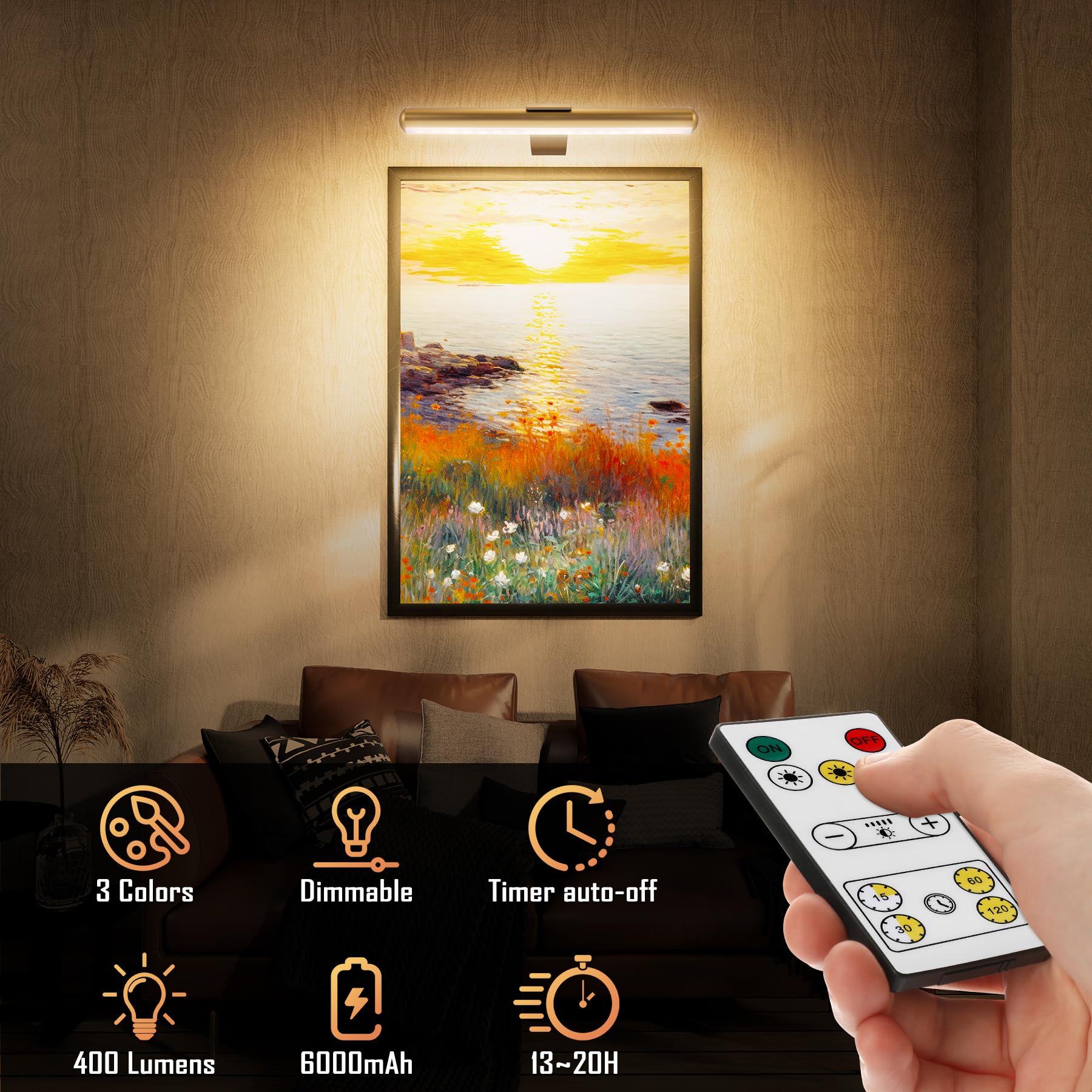 TINTINDOC 2-Pack Picture Light with Remote 6000mAh Rechargeable Battery Operated,Painting Light Full Metal Art Light for Wall Light,Dimmable Timer Off Display 400lm 13.5'' for Gallery -Brass