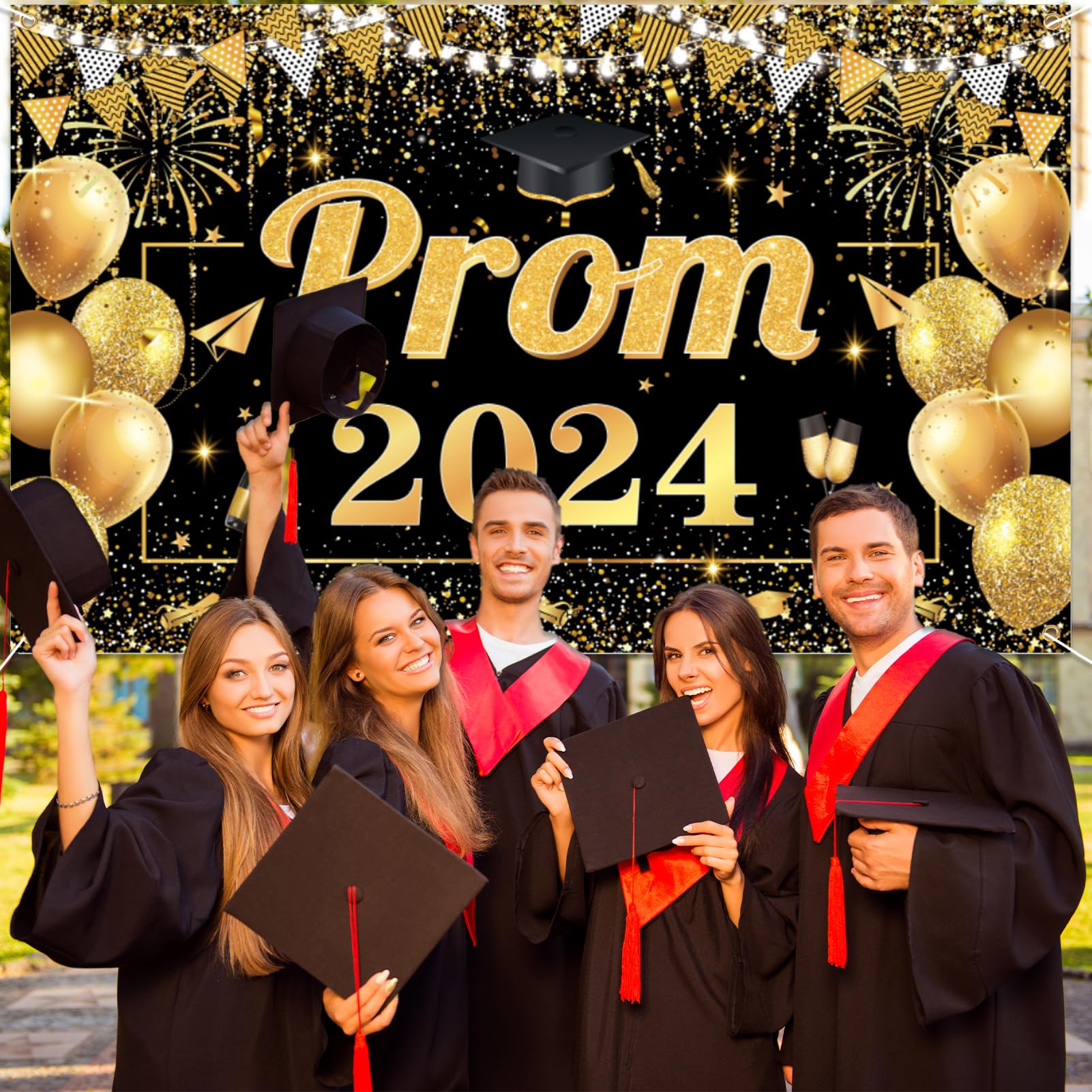 Qpout Prom 2024 Backdrop Black Gold Graduation Prom Night Class of 2024 Background Banner for Indoor Outdoor Grad University Student Graduation Prom Party Decorations,70.8 * 43.3inch