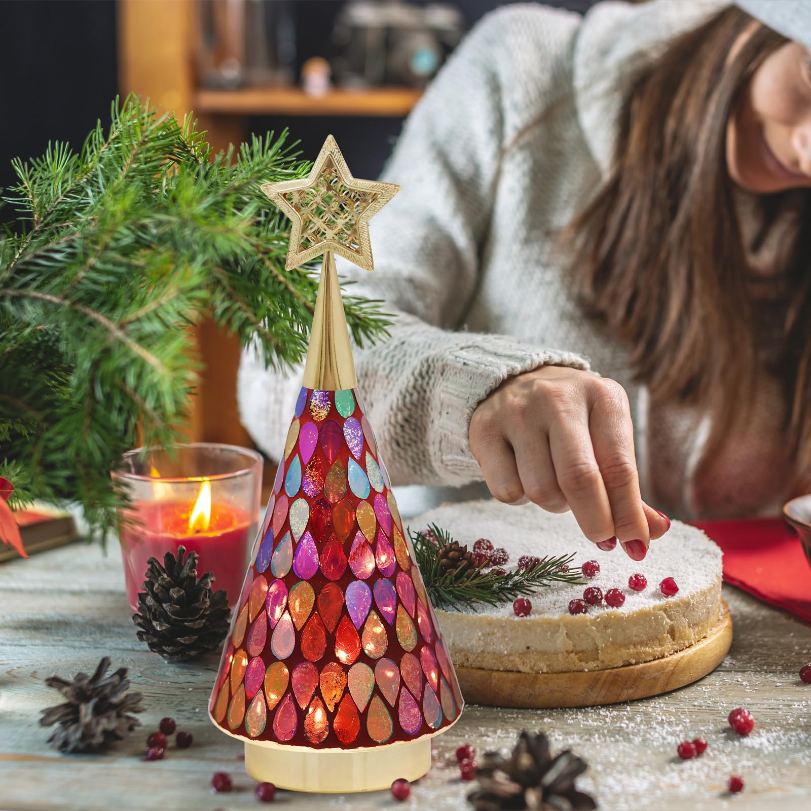 Red Tabletop Christmas Tree, 2 PCS Small Handmade Mosaic Glass Christmas Trees with Light, Battery Operated Xmas Tree for Mantel Decor 11"