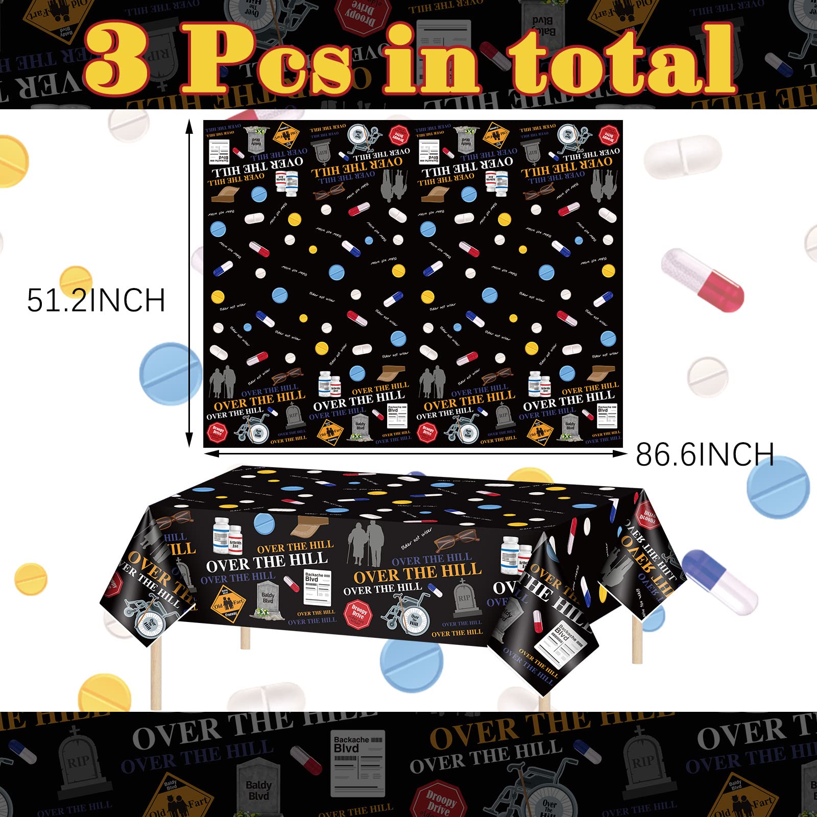 3 Pcs Over The Hill Party Supplies Old Age Themed Party Tablecloth 50th/ 60th/ 70th Birthday Tablecover Plastic Disposable Rectangle Table Cover for Old Age Birthday Retirement Party Decor