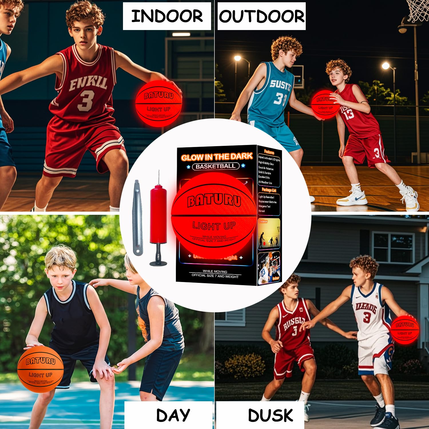 Glow in the Dark Basketball with 2 LED Lights, Size 7 (29.5"), Impact Activated Light Up Basketball for Teen Boys 8-15 Year Old, Indoor Outdoor Youth Basketball Toys Gifts Includes 12 Batteries