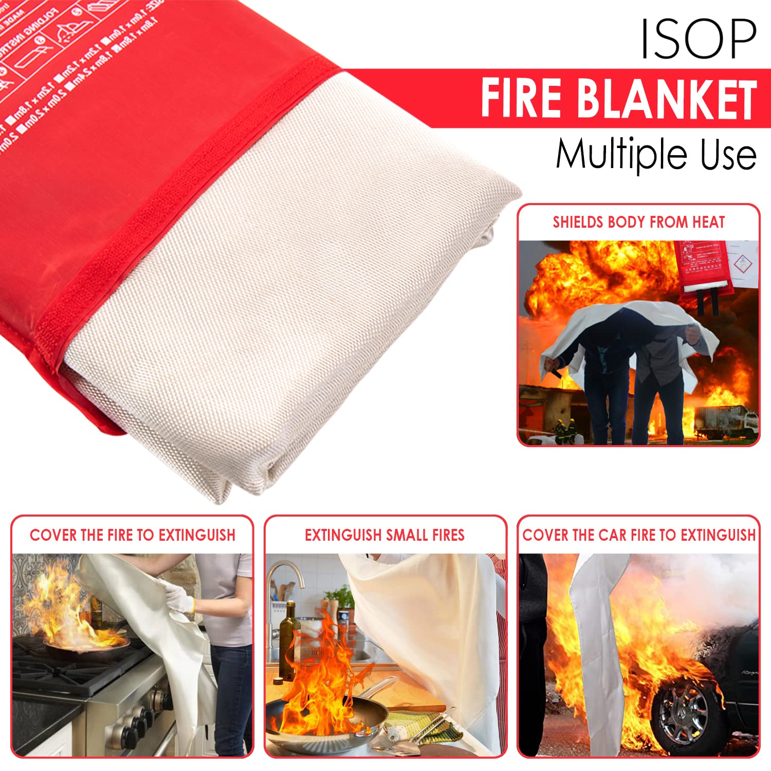 ISOP Fire Blanket Large 70 * 78 Inches – Fibreglass Fire Retardant Blanket – A-Grade Survival Blanket – Fire Suppressant Blanket – First Aid – Rescue Blanket for Home - Emergency Blanket