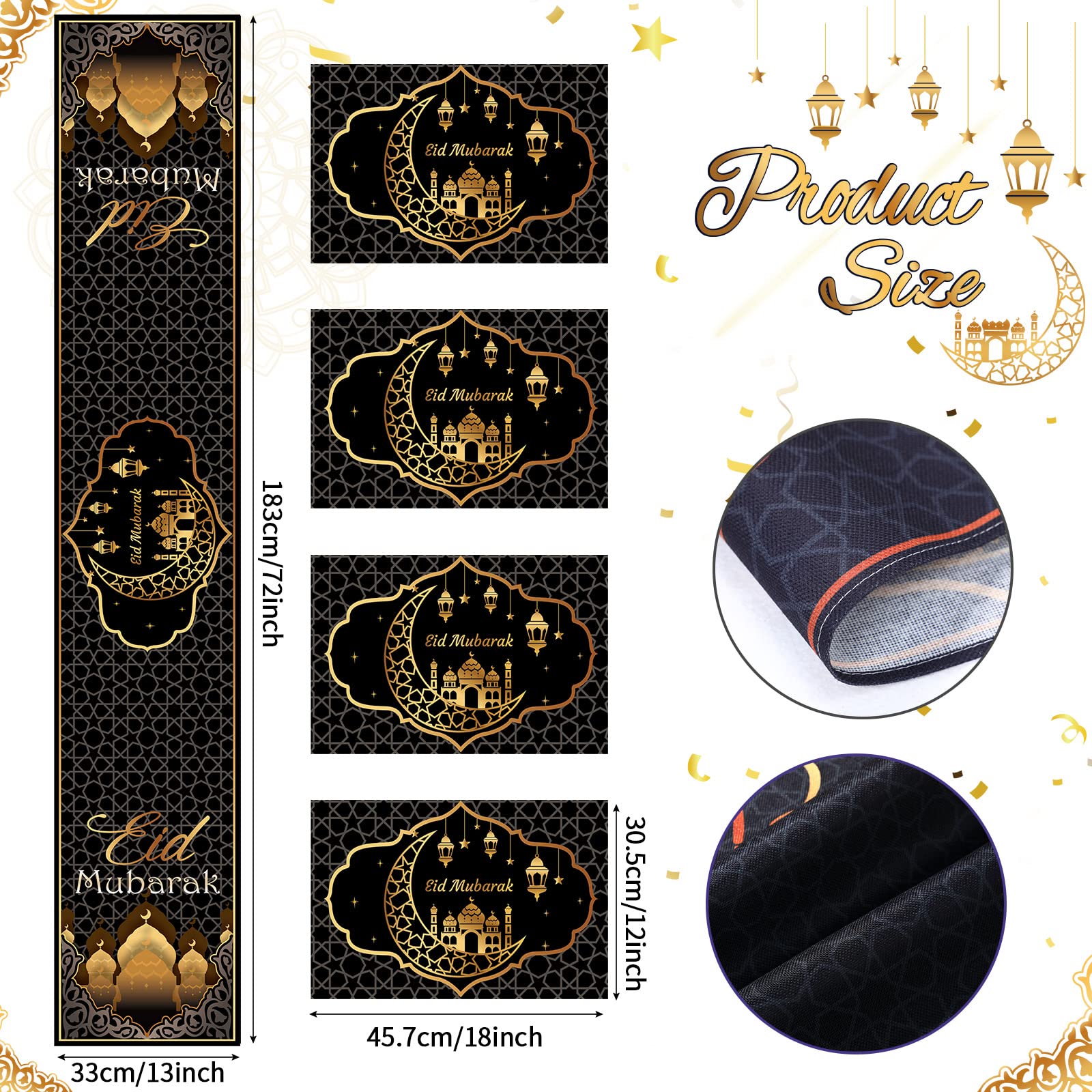 7 Pieces Eid Mubarak Table Runner and Placemats Ramadan Table Runner Table Mats Golden Star Moon Eid Al-Fitr Ramadan Mubarak Party Home Dinning Room Table Decorations (Black and Gold)