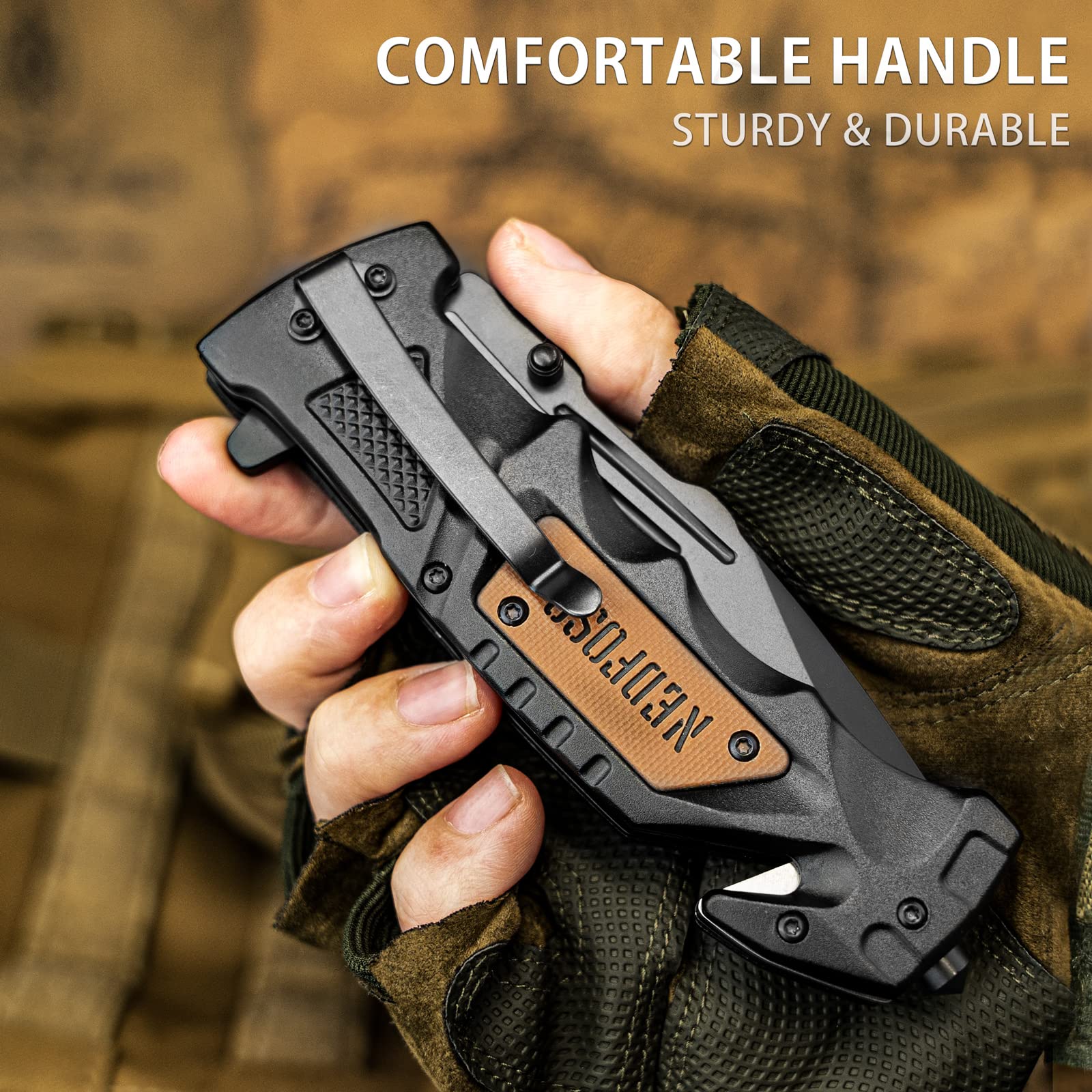 NedFoss Pocket Folding Knife DA75, 3 in 1 Pocket Knife for Men, Survival Knife with Liner-Lock Belt Clip, Seat Belt Cutter, Glass Breaker, Hunting knife for Camping Hiking