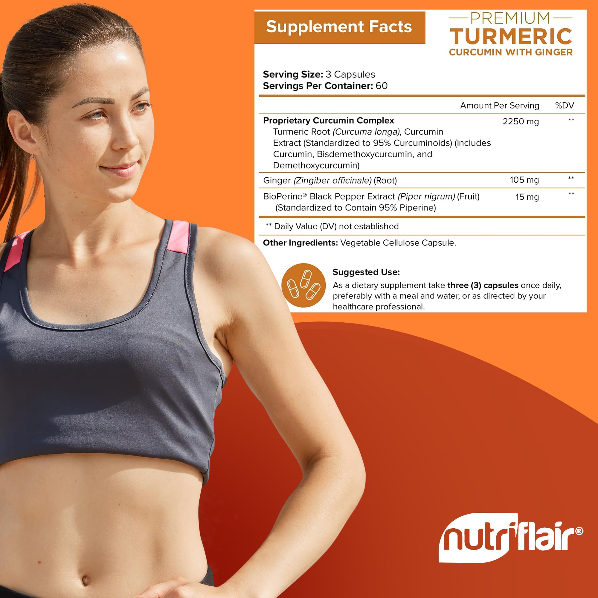 NutriFlair Turmeric Curcumin with Ginger and BioPerine Black Pepper Supplements, 180 Capsules - 95% Curcuminoids - Joint Support, Antioxidant, Anti Aging - Natural, Non-GMO, Vegan Best Maximum Potency