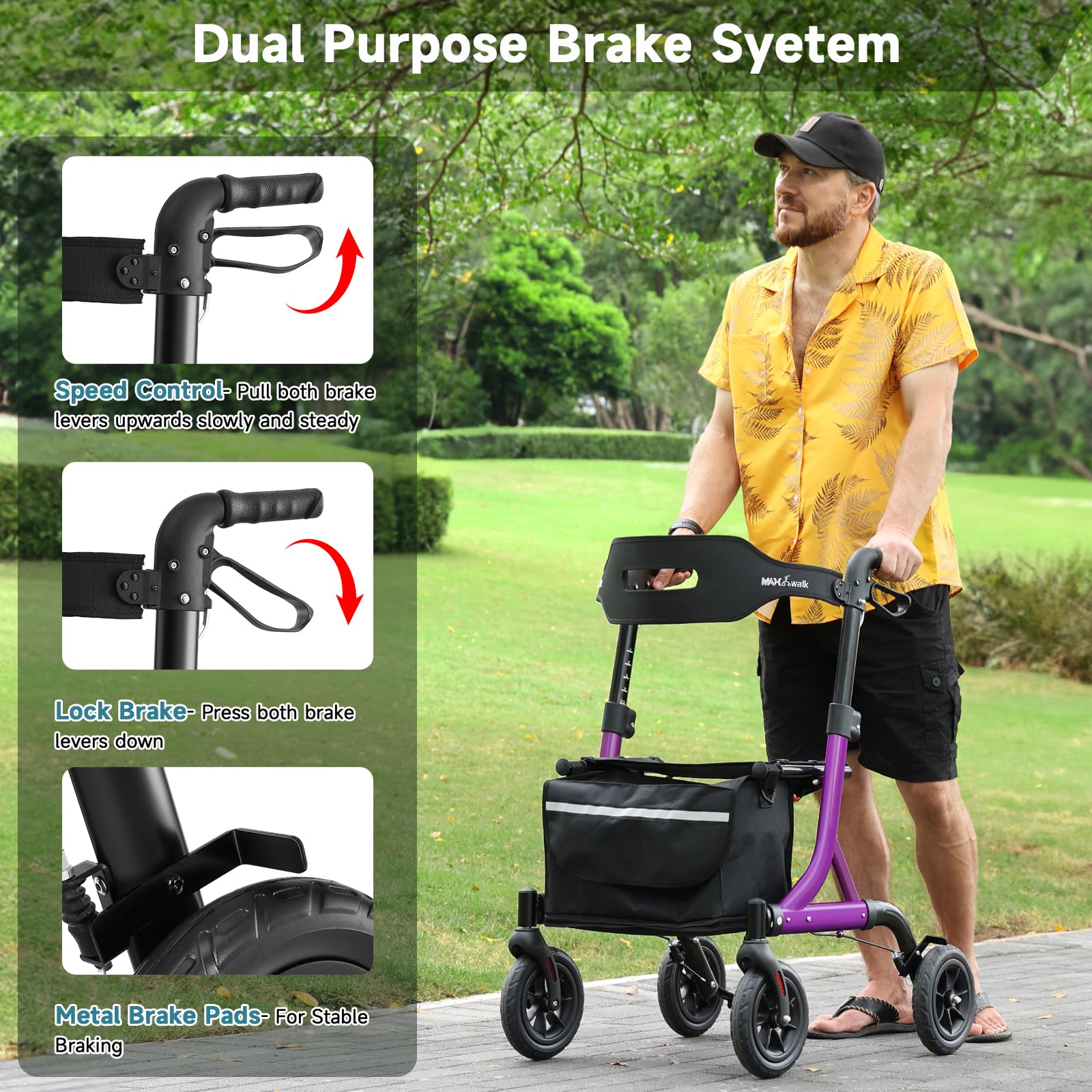 MAXWALK Walkers for Seniors, Rollator Walker with Seat, 8" Rubber Wheels All Terrain Rollator Walker with Backrest, Aluminum Walkers Built-in Cable, Foldable and Adjustable Height for Seniors, Purple
