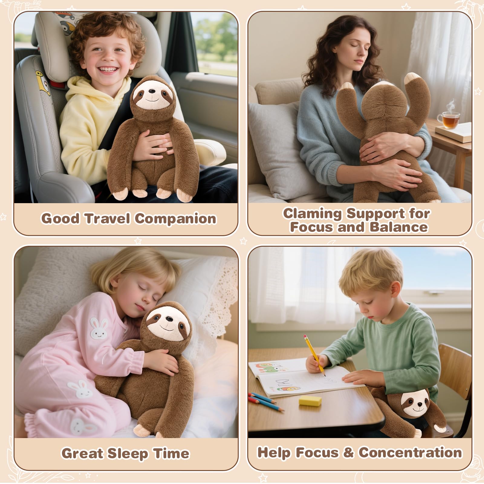Joyreal Sloth Sensory Weighted Vibrating Pillow, Pressure Activated for Kids Adults, Plush Minky Soft Size: 11 by 21 inches Pillow Animal for Focus & Balance for Gift Birthday Autistic (Brown)