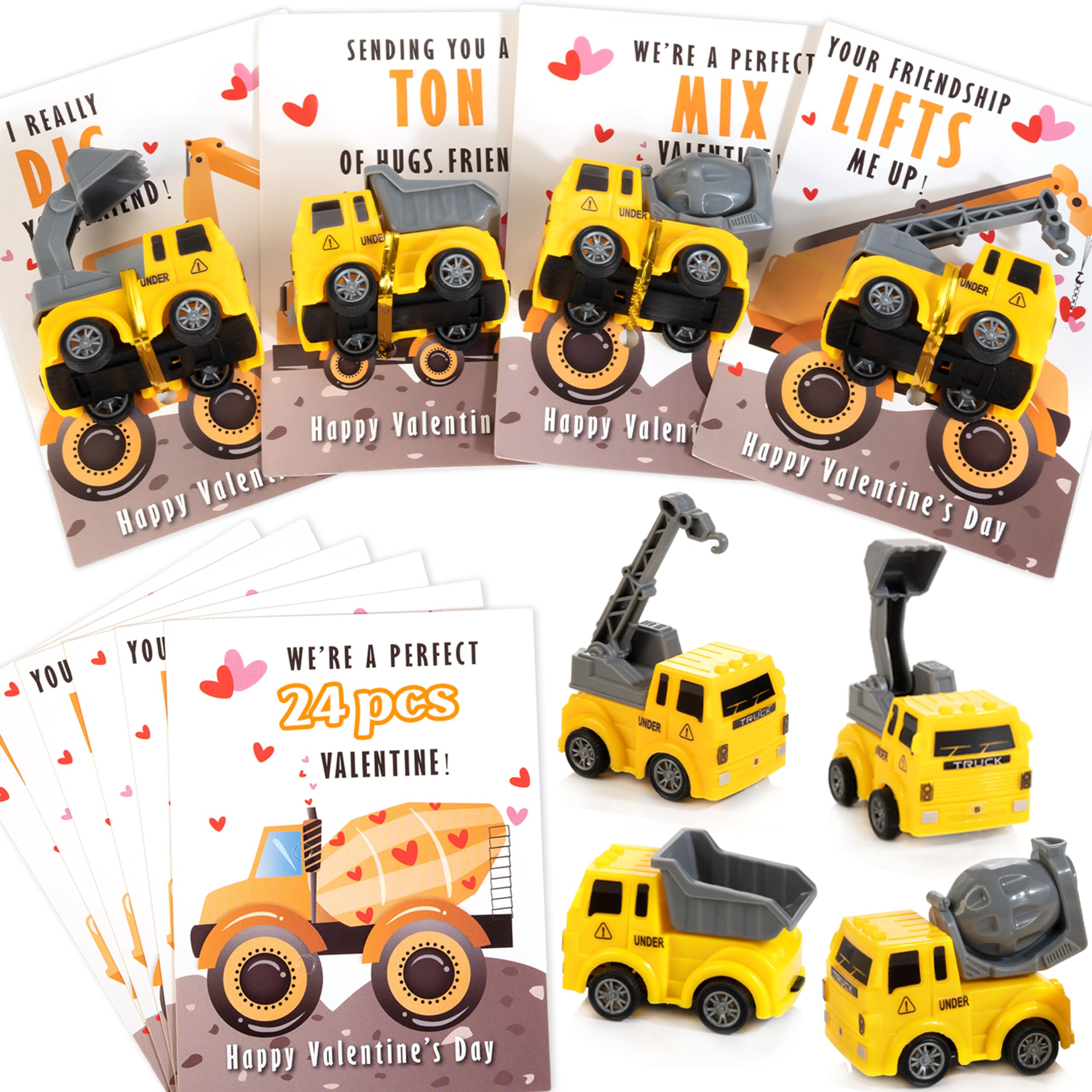 Thigreact Valentines Cards for Kids Classroom - Valentines Day Gifts for Kids - 24 Construction Vehicles Toys Card Bulk - Valentine Exchange Cards for Toddlers Boys School Party Favors