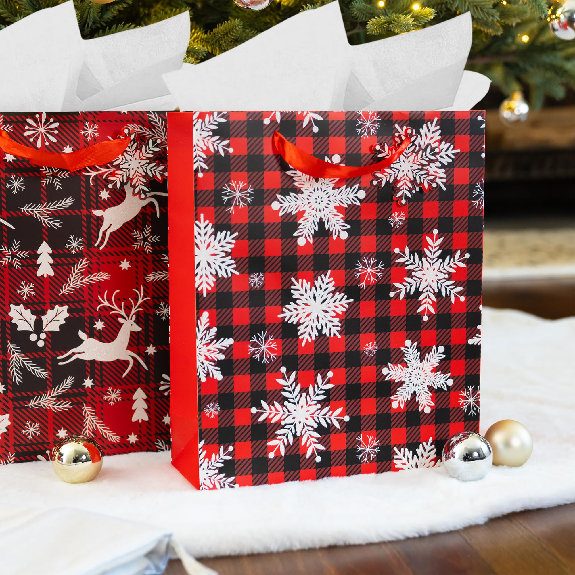 RACHELLE'S Plaid Christmas Gift Bags (Medium, 13"x10"x4") - 2 Pack Sturdy Paper Gift Bags with Tissue Paper, Tag and Handle - Ideal Party Favors and Gifting this Christmas Holiday Season