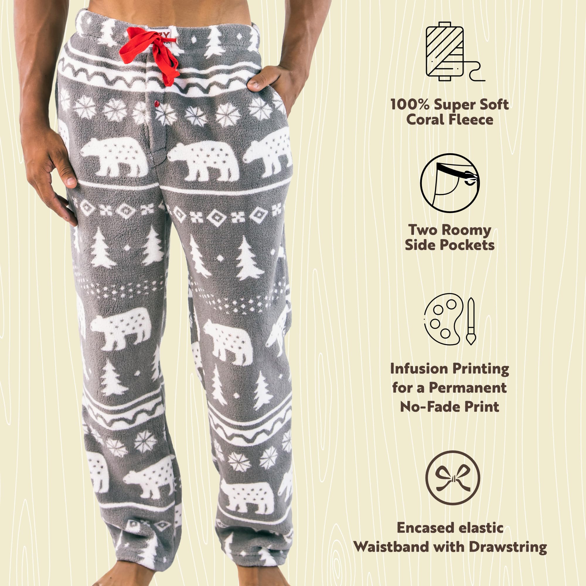 Lazy One Men's Fleece Pajama Pants, Nordic Fleece Pajama Bottoms for Men, Winter (Nordic Bear, Large)