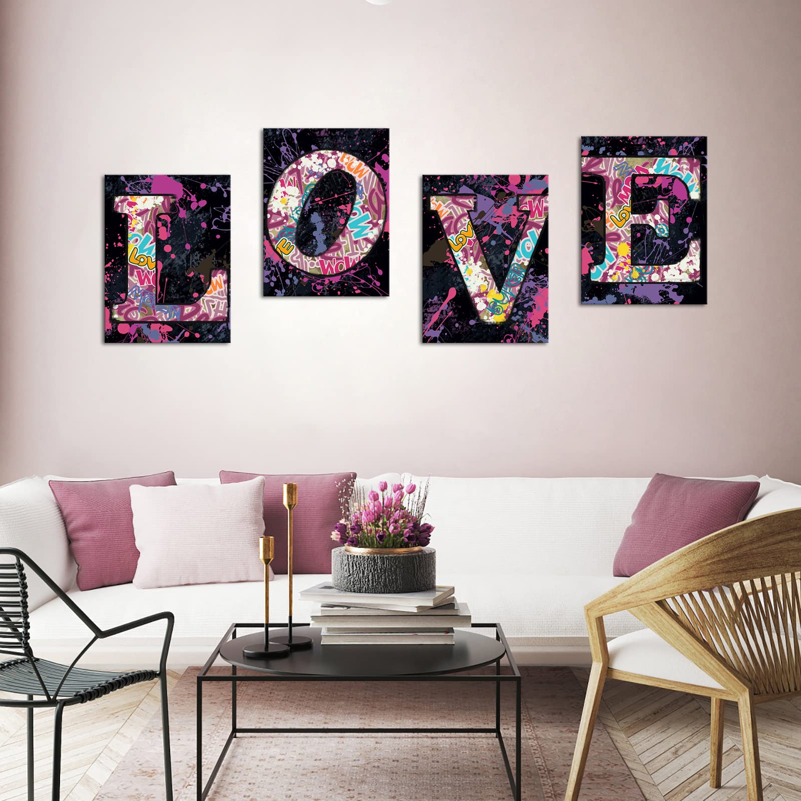 Love Wall Art Graffiti Painting on Canvas Colorful Love Print Pictures Romantic Poster Artwork for Bedroom Bathroom Decor Framed 12 * 16Inches*4pcs